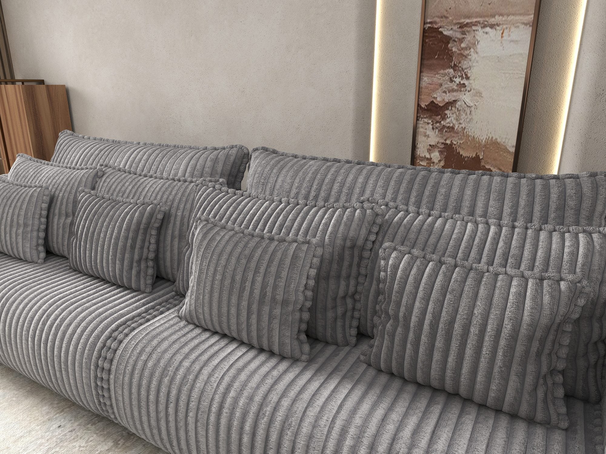 Canapea extensibilă dumonde cu ladă de depozitare si sezut confortabil din spuma high-density, Monaco Tilia Gri 300x130 cm