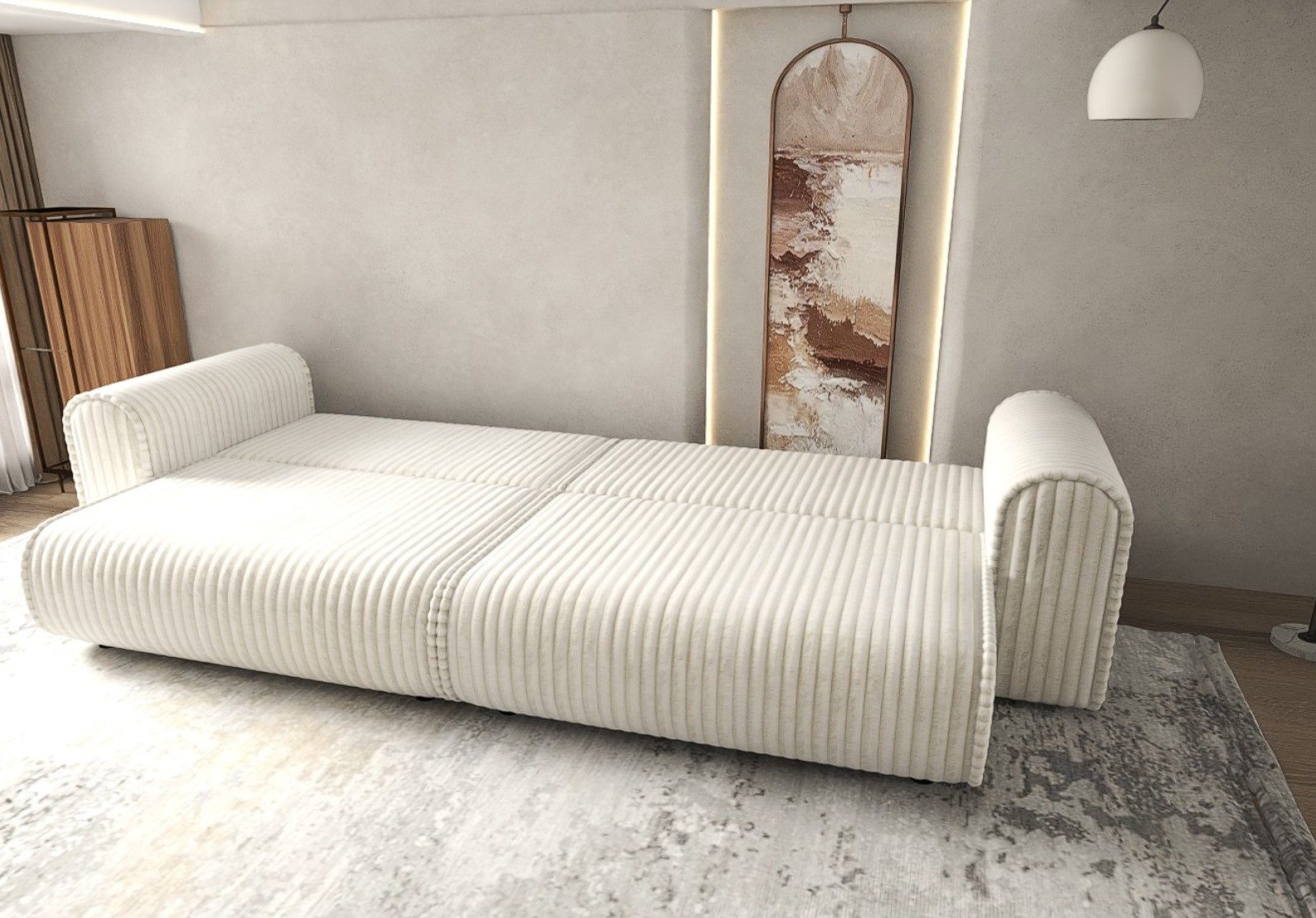 Dumonde kihúzható kanapé tárolórekesszel és kényelmes, nagy sűrűségű habszivacs ülőrésszel, Monaco Tilia Grafit 300x130 cm