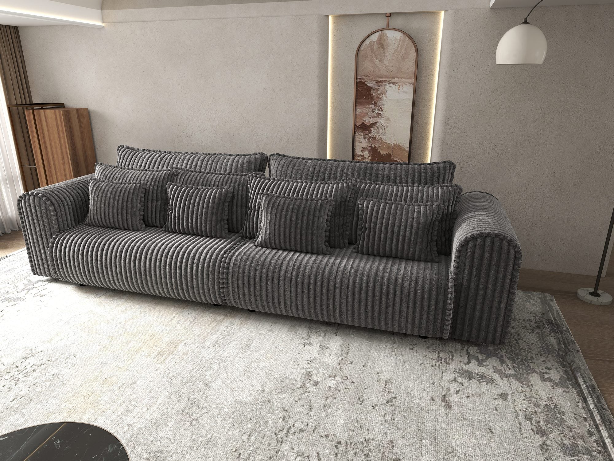 Dumonde kihúzható kanapé tárolórekesszel és kényelmes, nagy sűrűségű habszivacs ülőrésszel, Monaco Tilia Grafit 300x130 cm