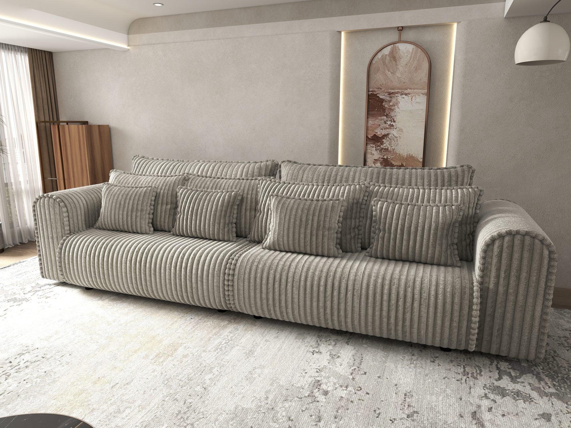 Dumonde kihúzható kanapé tárolórekesszel és kényelmes, nagy sűrűségű habszivacs ülőrésszel, Monaco Tilia Capucino 300x130 cm