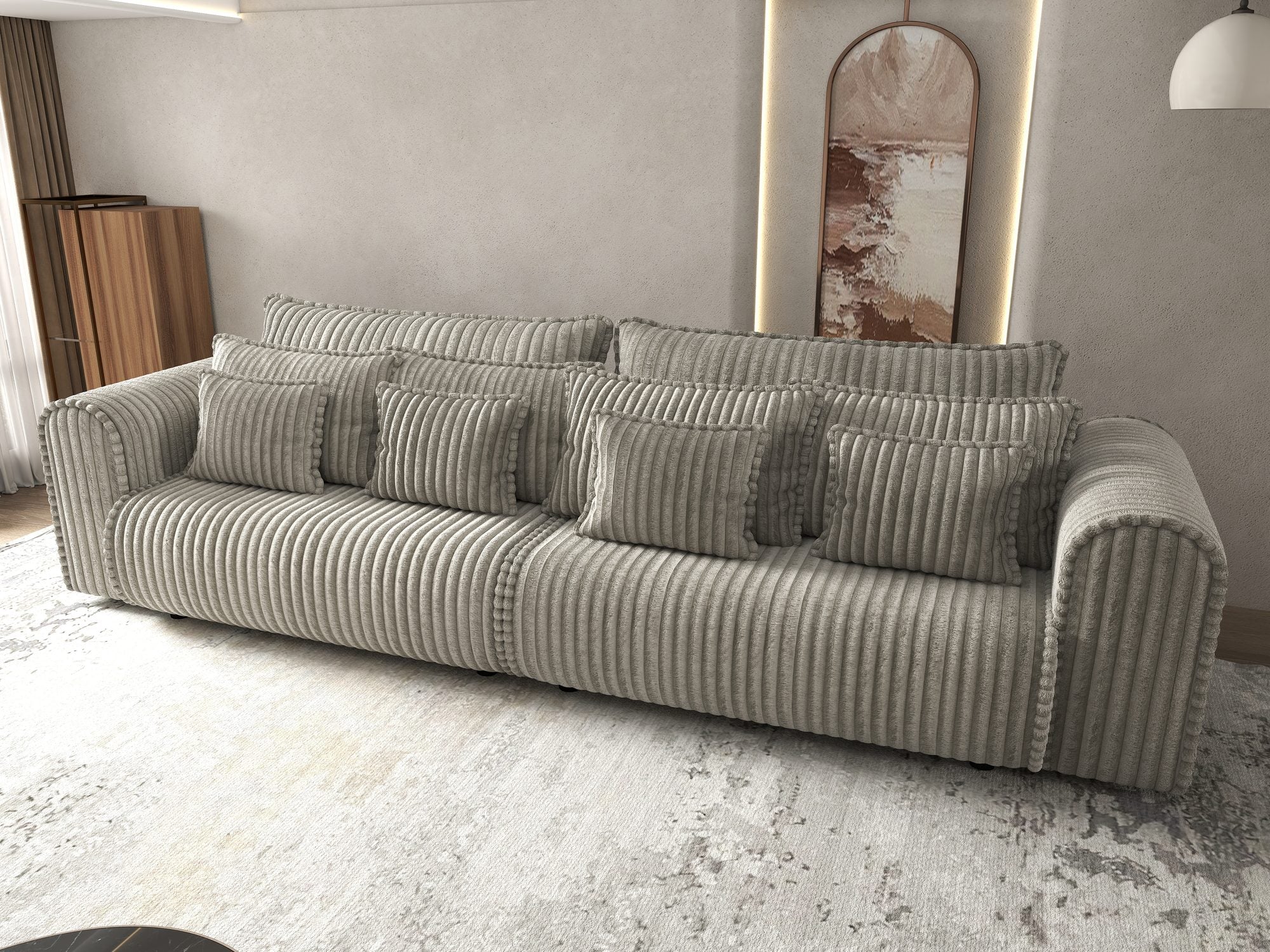 Dumonde kihúzható kanapé tárolórekesszel és kényelmes, nagy sűrűségű habszivacs ülőrésszel, Monaco Tilia Capucino 300x130 cm