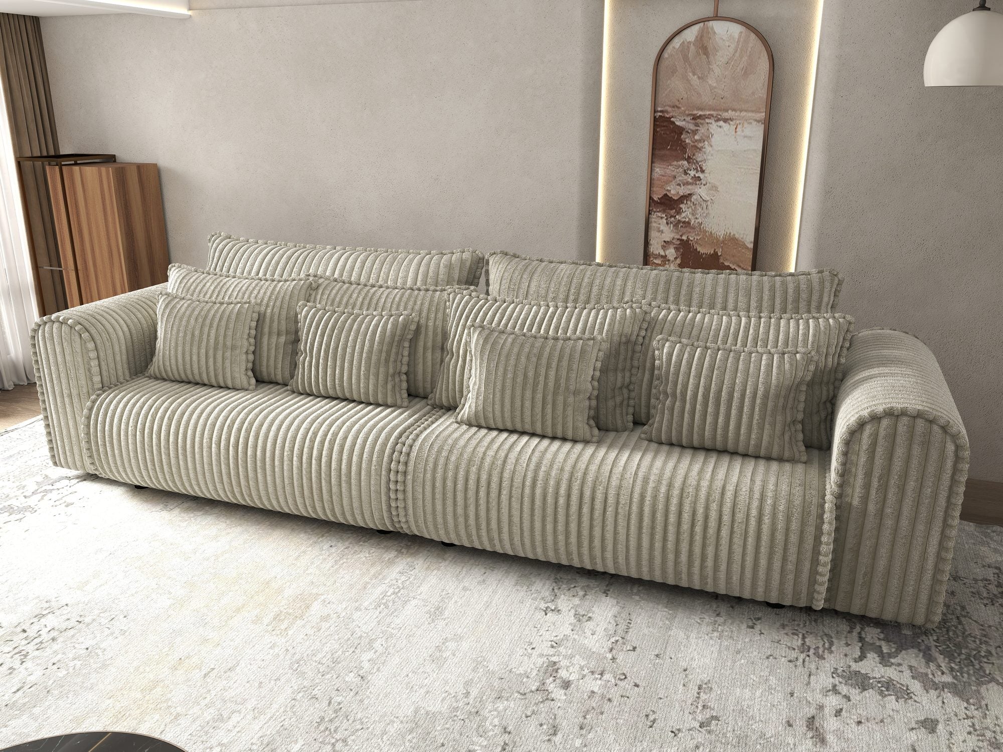Dumonde kihúzható kanapé tárolórekesszel és kényelmes, nagy sűrűségű habszivacs ülőrésszel, Monaco Tilia Capucino 300x130 cm