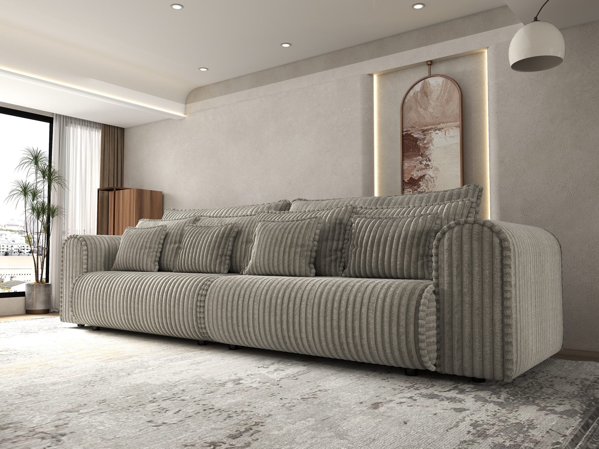 Dumonde kihúzható kanapé tárolórekesszel és kényelmes, nagy sűrűségű habszivacs ülőrésszel, Monaco Tilia Capucino 300x130 cm