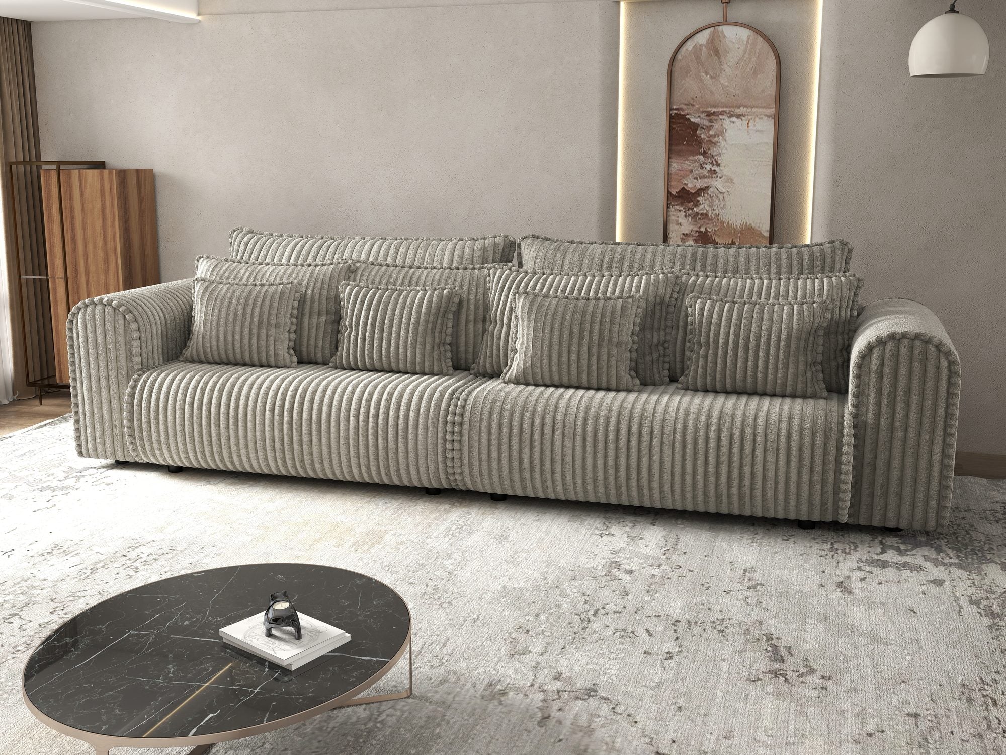 Dumonde kihúzható kanapé tárolórekesszel és kényelmes, nagy sűrűségű habszivacs ülőrésszel, Monaco Tilia Capucino 300x130 cm