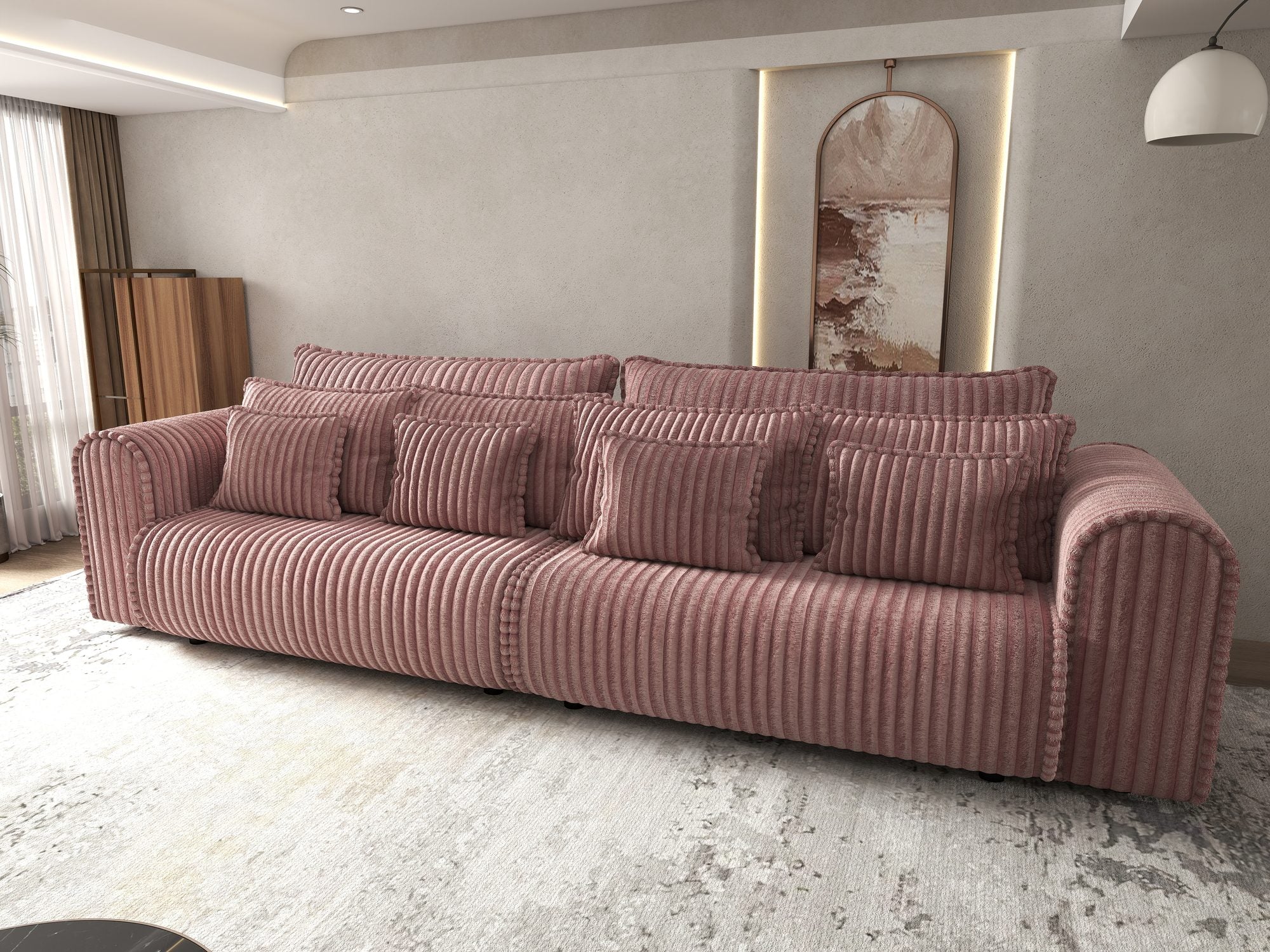Dumonde kihúzható kanapé tárolórekesszel és kényelmes, nagy sűrűségű habszivacs ülőrésszel, Monaco Tilia Rózsaszín 300x130 cm