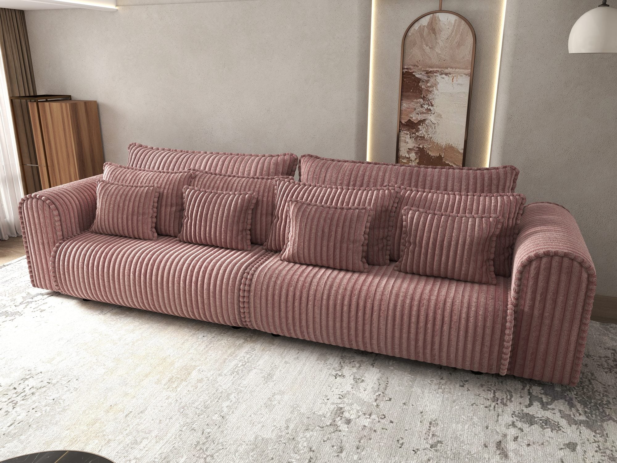 Dumonde kihúzható kanapé tárolórekesszel és kényelmes, nagy sűrűségű habszivacs ülőrésszel, Monaco Tilia Rózsaszín 300x130 cm