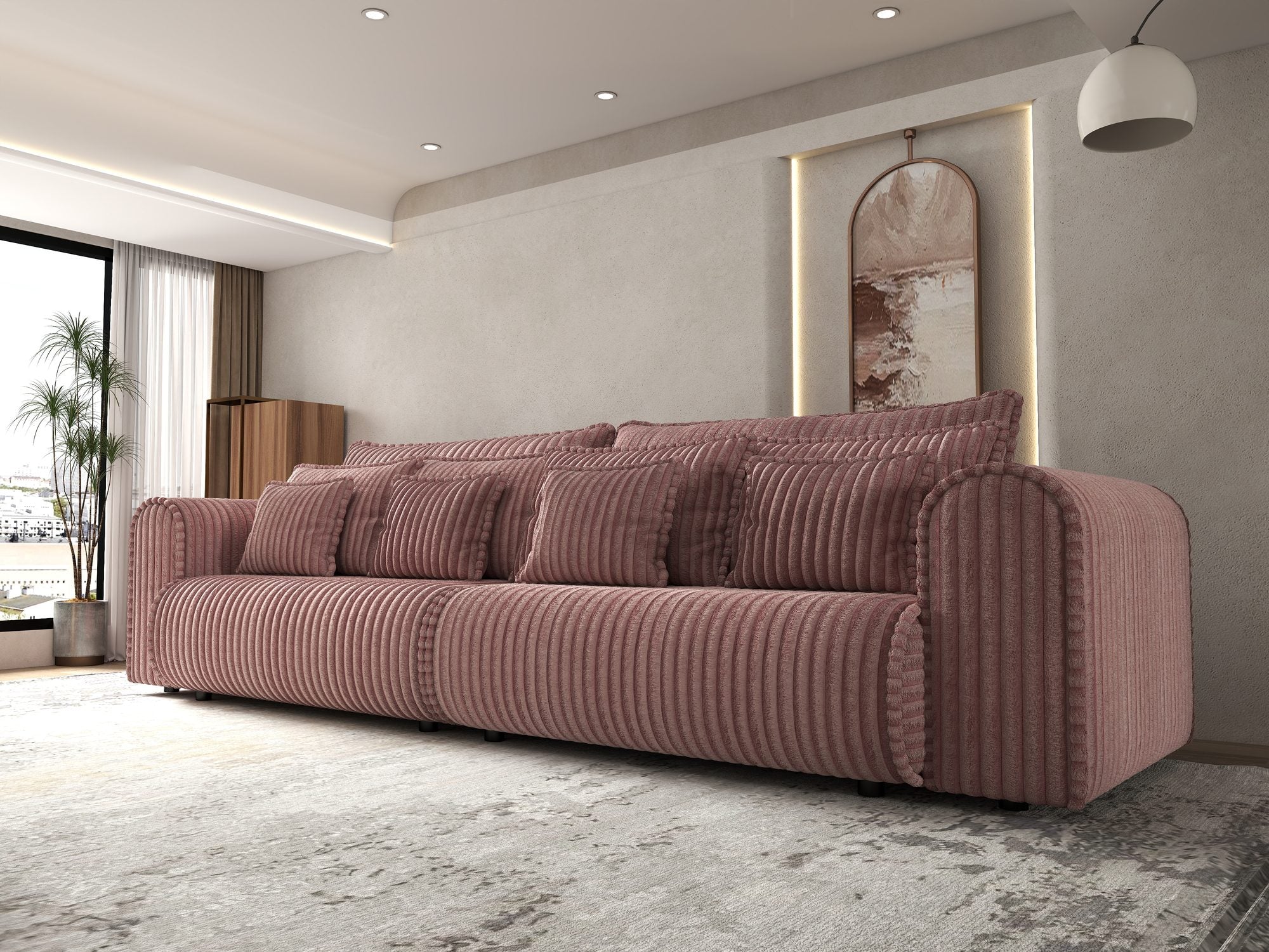 Dumonde kihúzható kanapé tárolórekesszel és kényelmes, nagy sűrűségű habszivacs ülőrésszel, Monaco Tilia Rózsaszín 300x130 cm