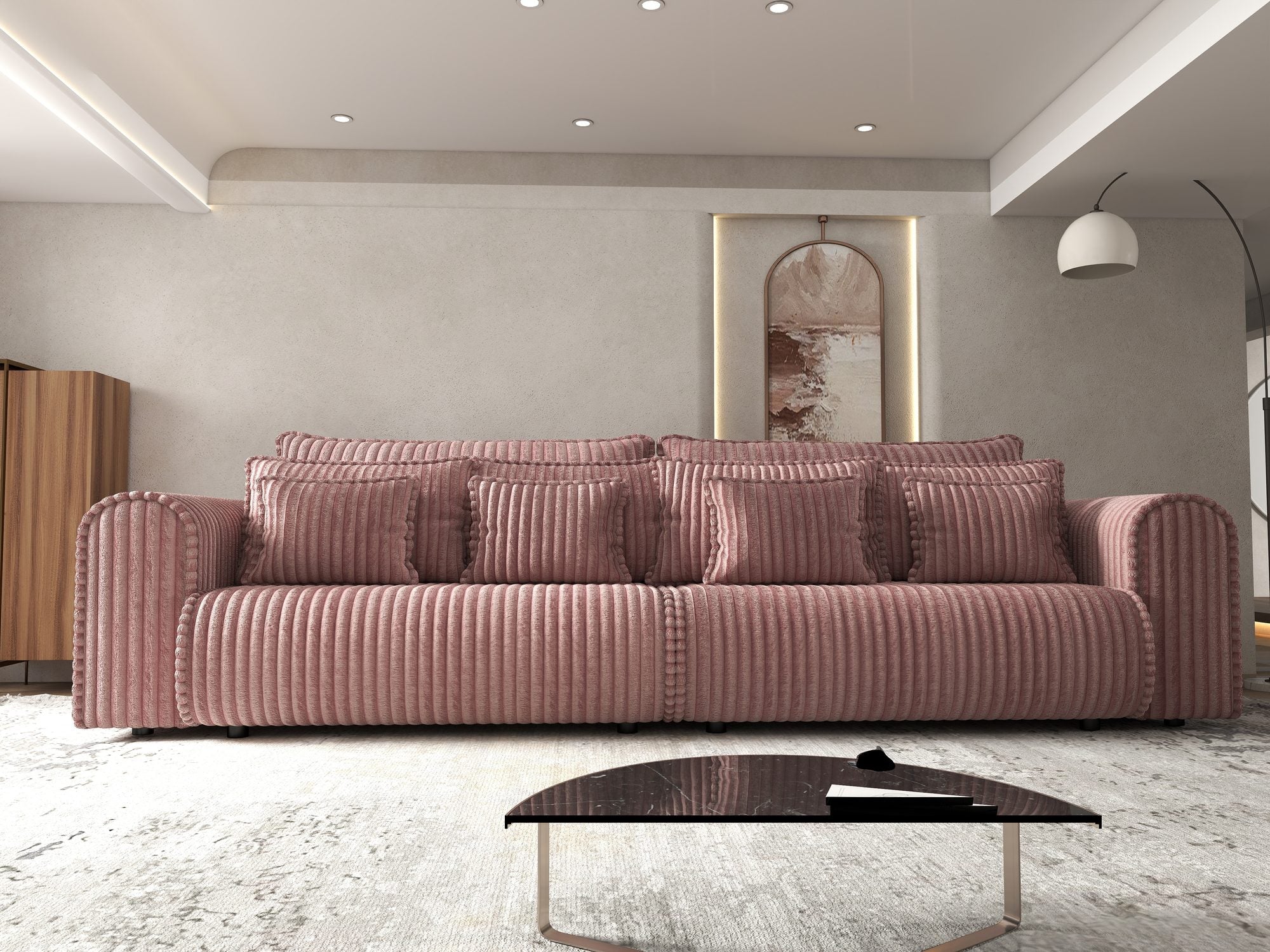 Dumonde kihúzható kanapé tárolórekesszel és kényelmes, nagy sűrűségű habszivacs ülőrésszel, Monaco Tilia Rózsaszín 300x130 cm