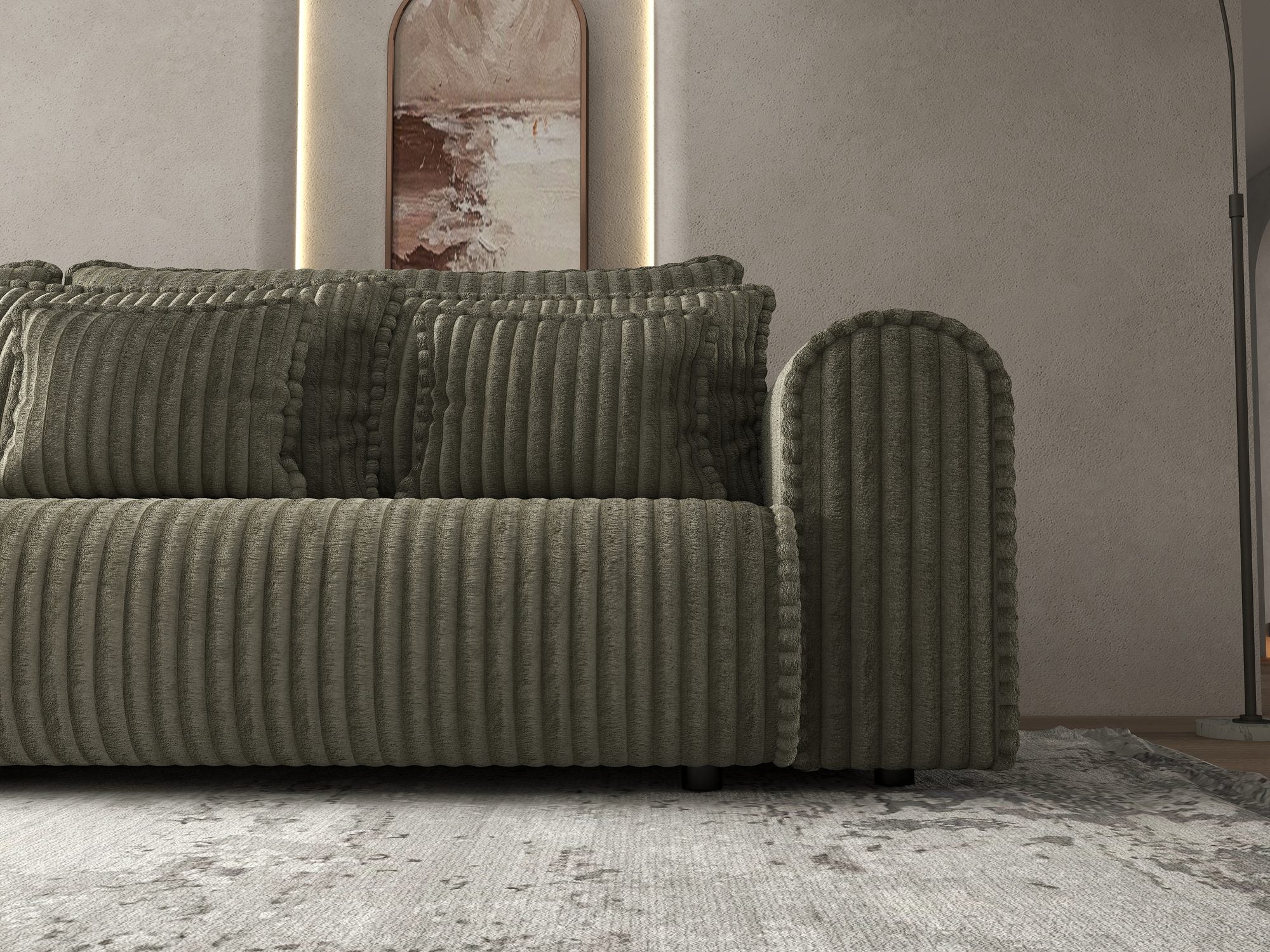 Dumonde kihúzható kanapé tárolórekesszel és kényelmes, nagy sűrűségű habszivacs ülőrésszel, Monaco Tilia Olive 300x130 cm