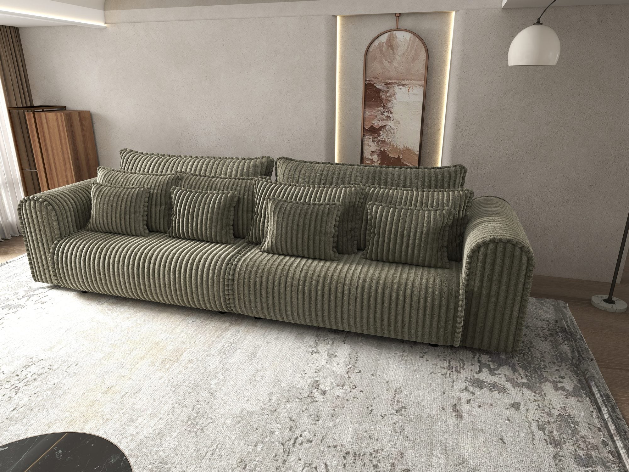 Dumonde kihúzható kanapé tárolórekesszel és kényelmes, nagy sűrűségű habszivacs ülőrésszel, Monaco Tilia Olive 300x130 cm