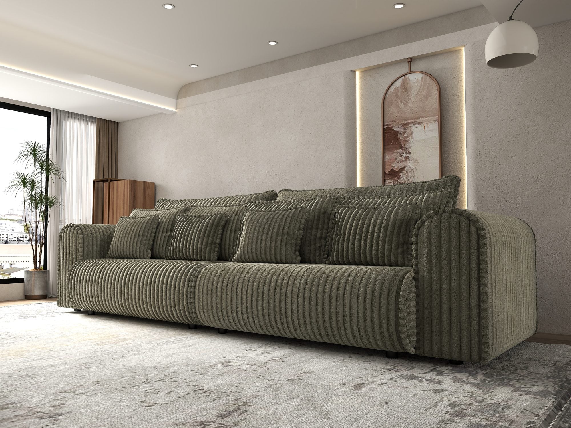 Dumonde kihúzható kanapé tárolórekesszel és kényelmes, nagy sűrűségű habszivacs ülőrésszel, Monaco Tilia Olive 300x130 cm