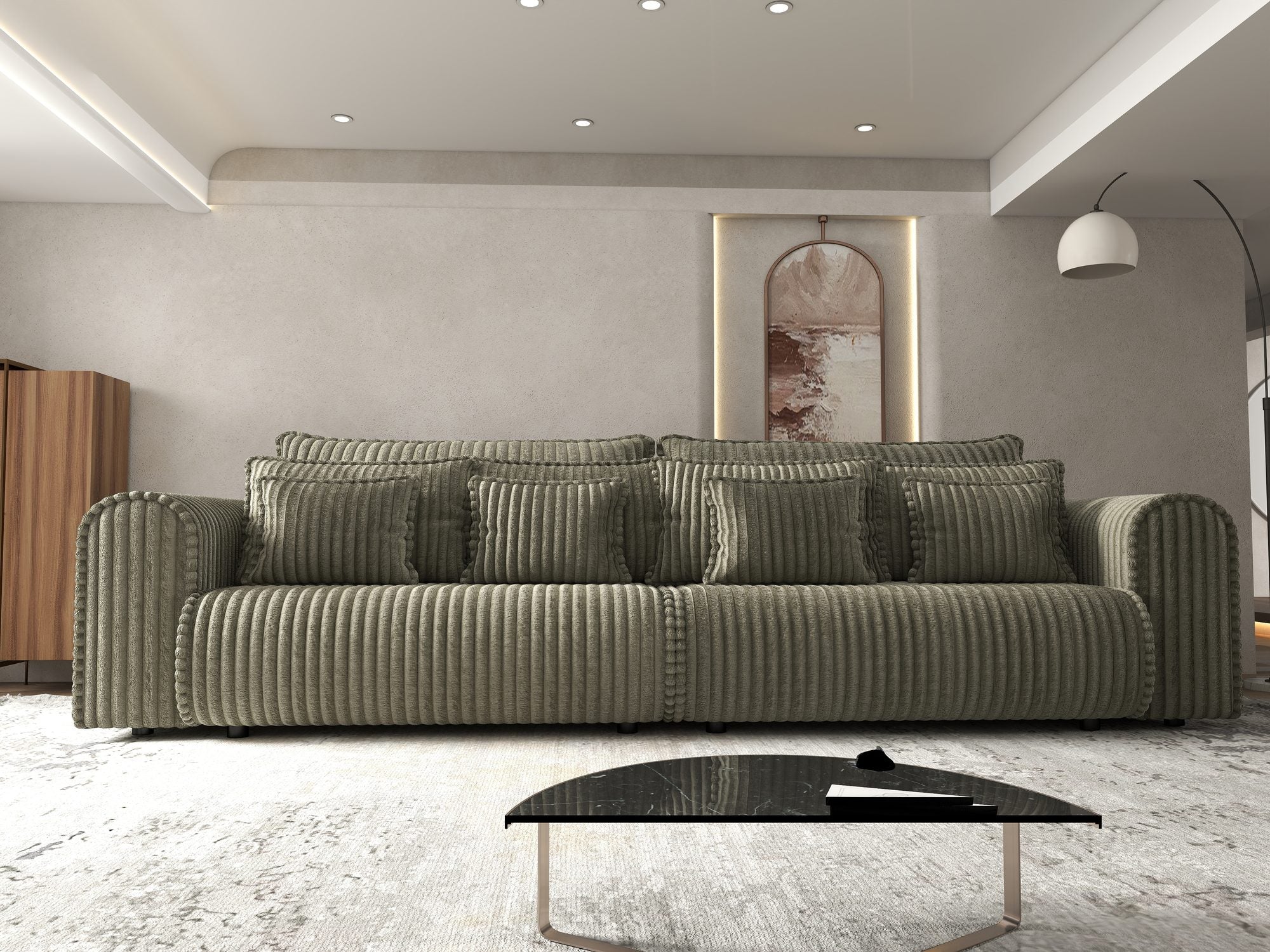 Dumonde kihúzható kanapé tárolórekesszel és kényelmes, nagy sűrűségű habszivacs ülőrésszel, Monaco Tilia Olive 300x130 cm