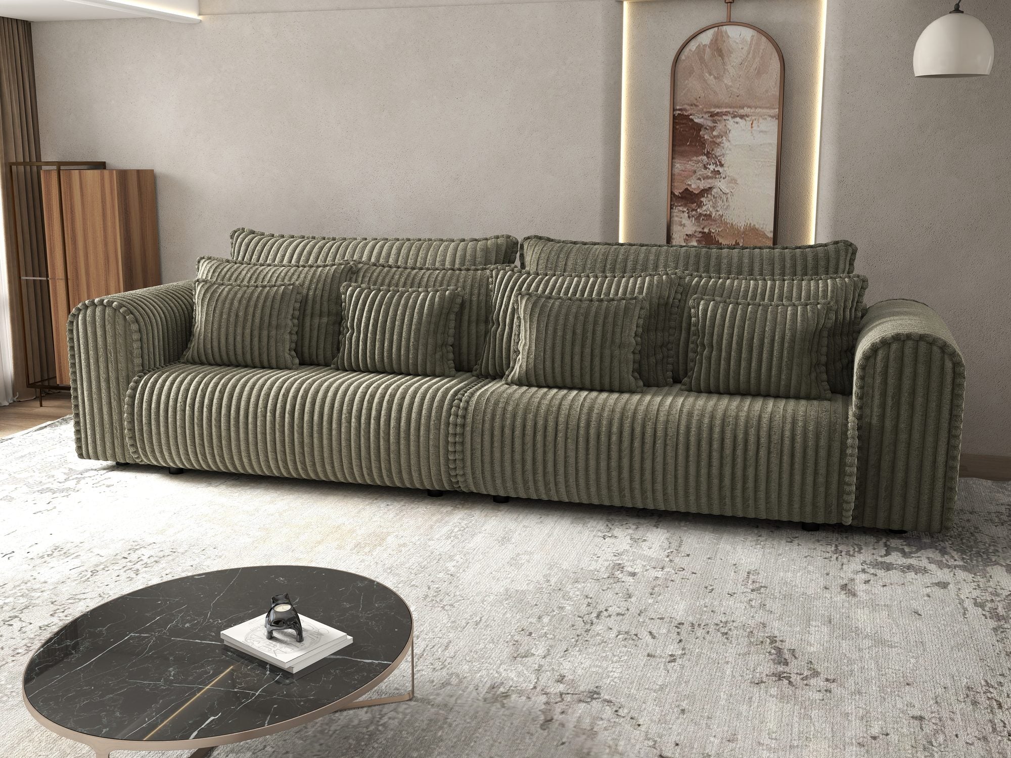 Dumonde kihúzható kanapé tárolórekesszel és kényelmes, nagy sűrűségű habszivacs ülőrésszel, Monaco Tilia Olive 300x130 cm