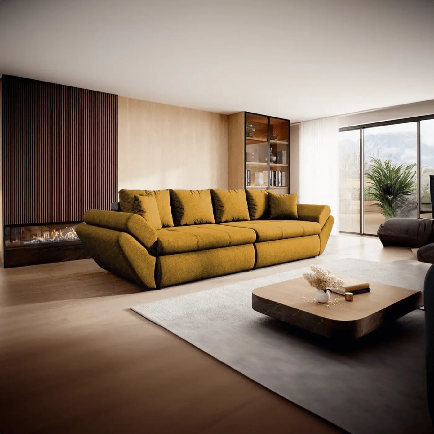 Dumonde kihúzható kanapé tároló rekesszel és kényelmes, nagy sűrűségű habszivacs ülőfelülettel, Loana Enjoy Mango 300x100 cm