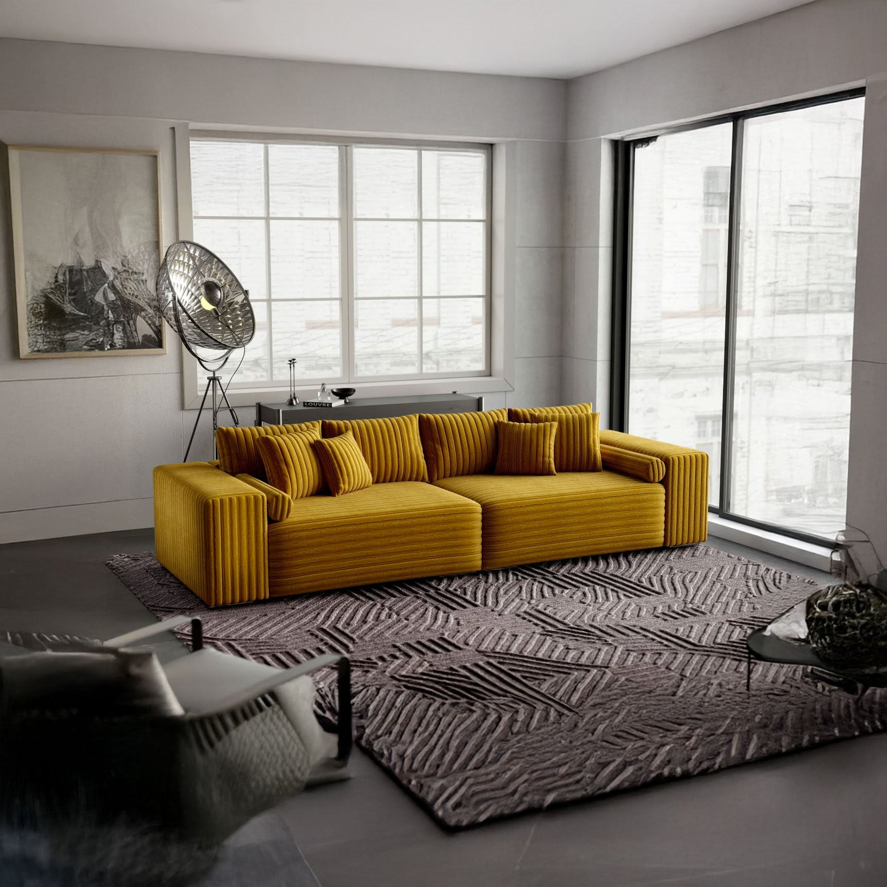 Canapea extensibilă dumonde cu ladă de depozitare si sezut confortabil din spuma HR, Marbela Ambience Mustar XXL 295x100 cm fabrica