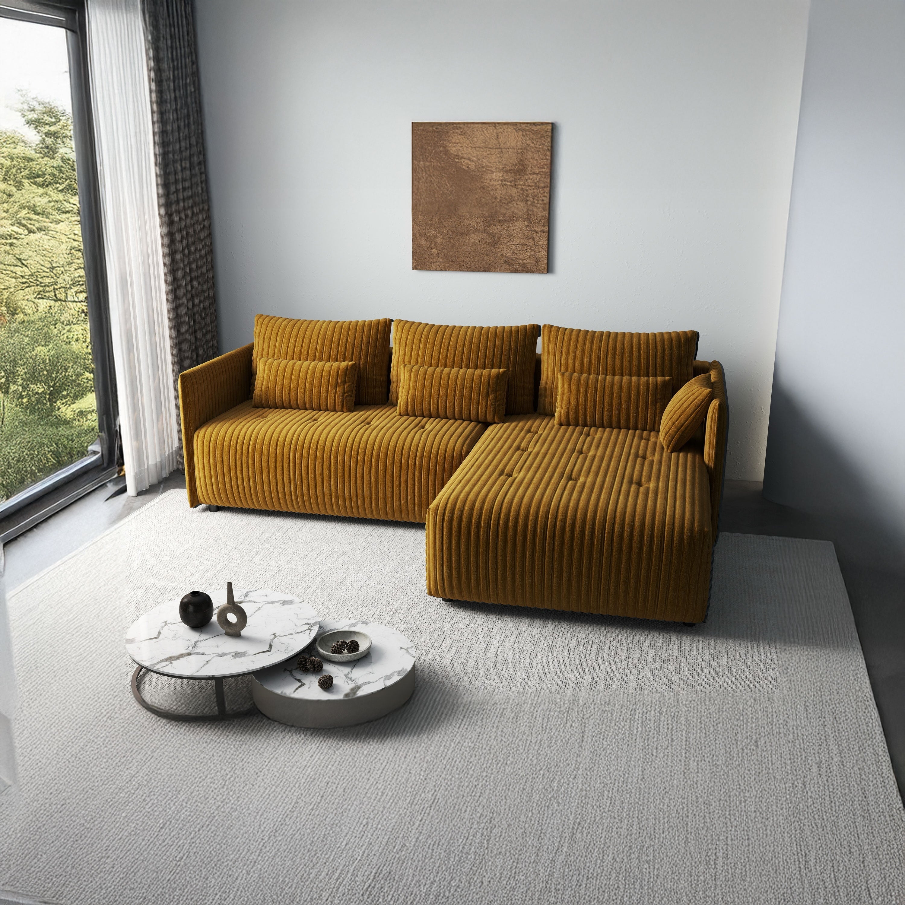 Colțar extensibil dumonde cu ladă de depozitare si sezut confortabil din spuma HR, Malta Ambience Mustard II 235x185 cm Fabrica
