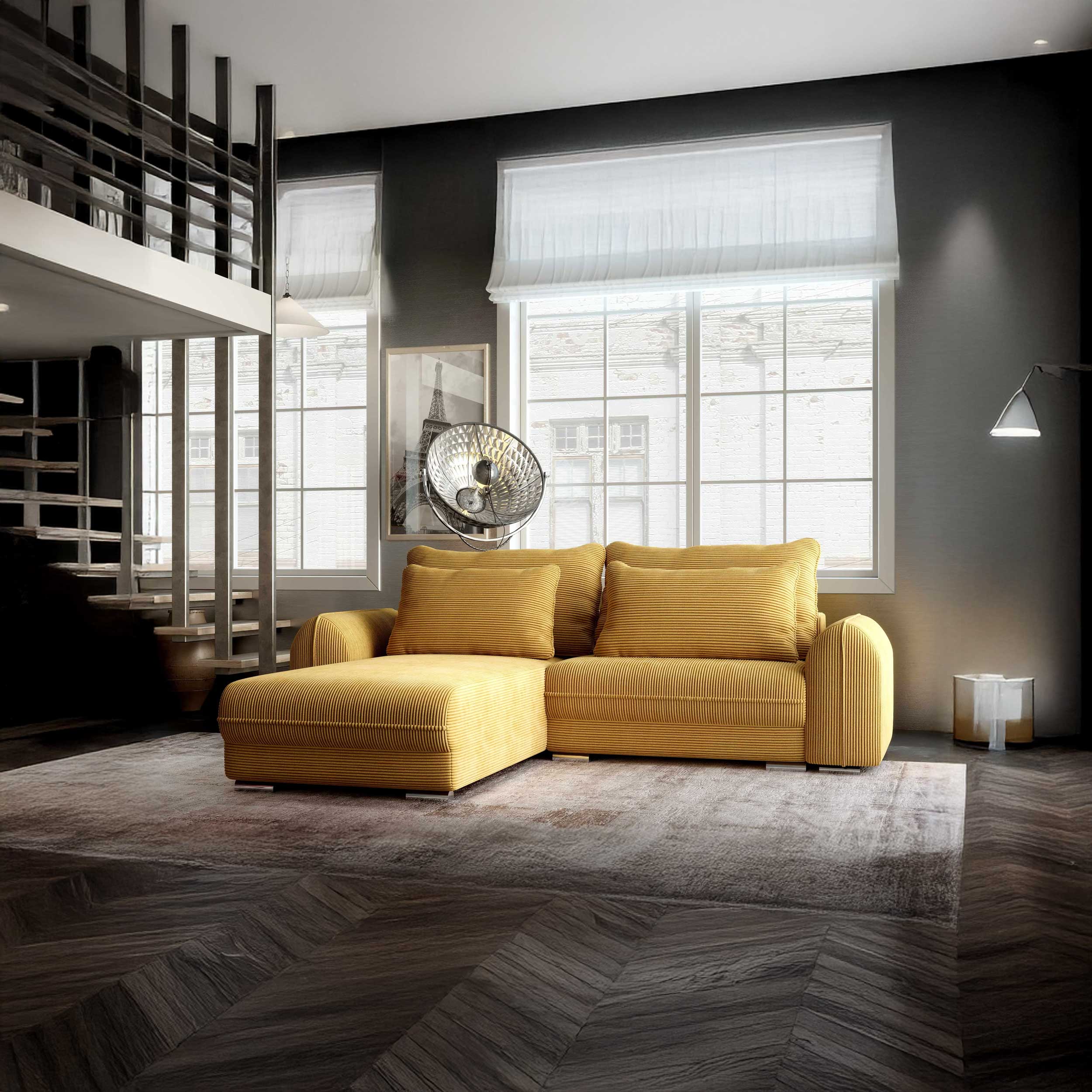 Colțar extensibil dumonde cu ladă de depozitare si sezut confortabil din spuma HR, Denver Zoom Mustar 275x185 cm Fabrica