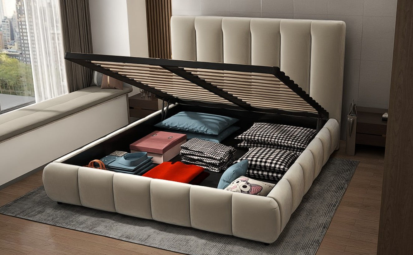 Pat dormitor dumonde, tapitat bej, Divaneo 140x200 cm, somiera rabatabila inclusa, spatiu depozitare WLS