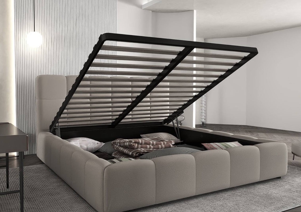 Dumonde hálószobai ágy, bézs kárpitozott, Lorenzo 180x200 cm, felnyitható ágyráccsal, tárolóhellyel