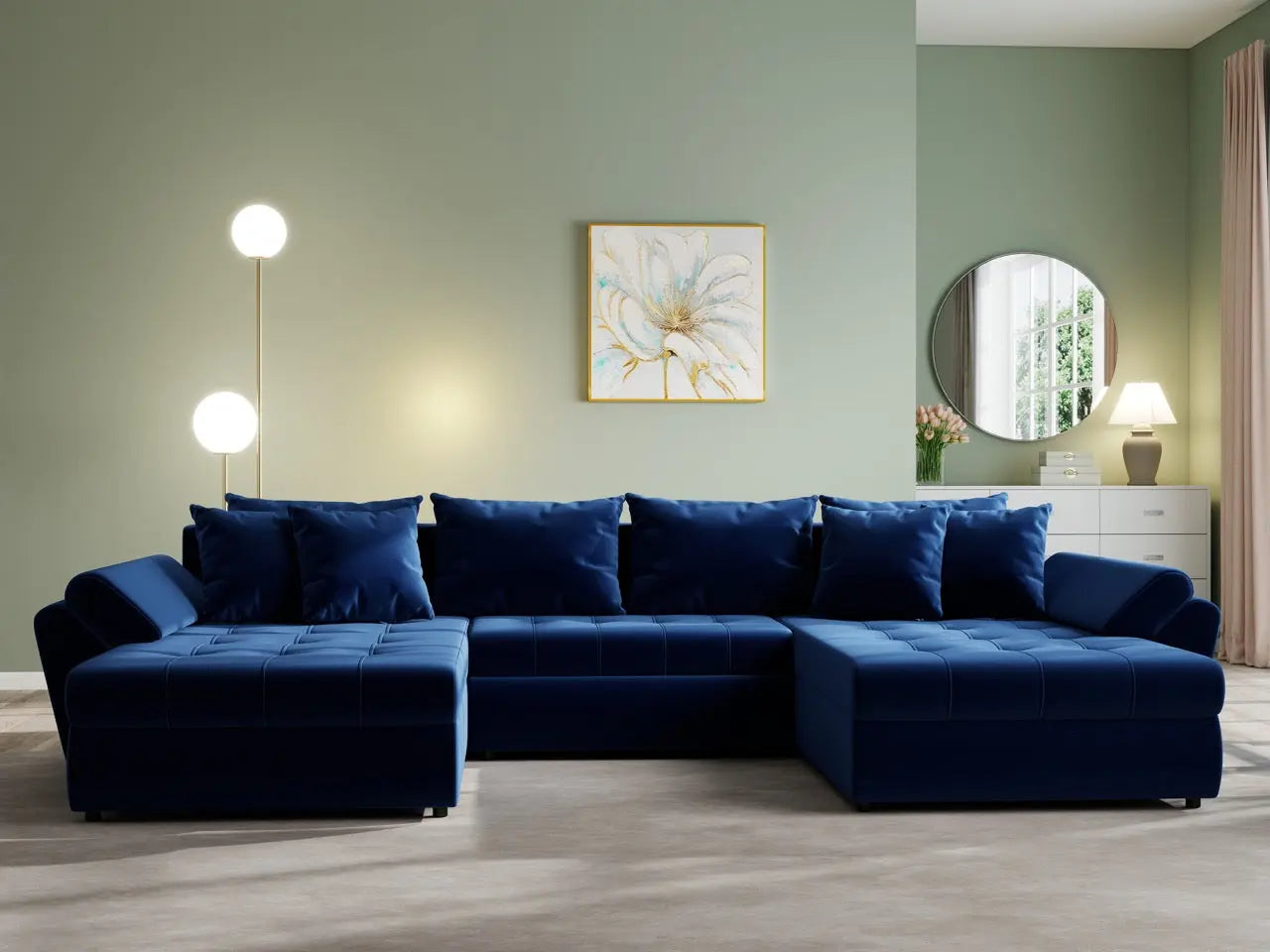 Colțar extensibil dumonde cu ladă de depozitare si sezut confortabil din spuma HR, Loana U Royal Blue 355x185 cm Fabrica