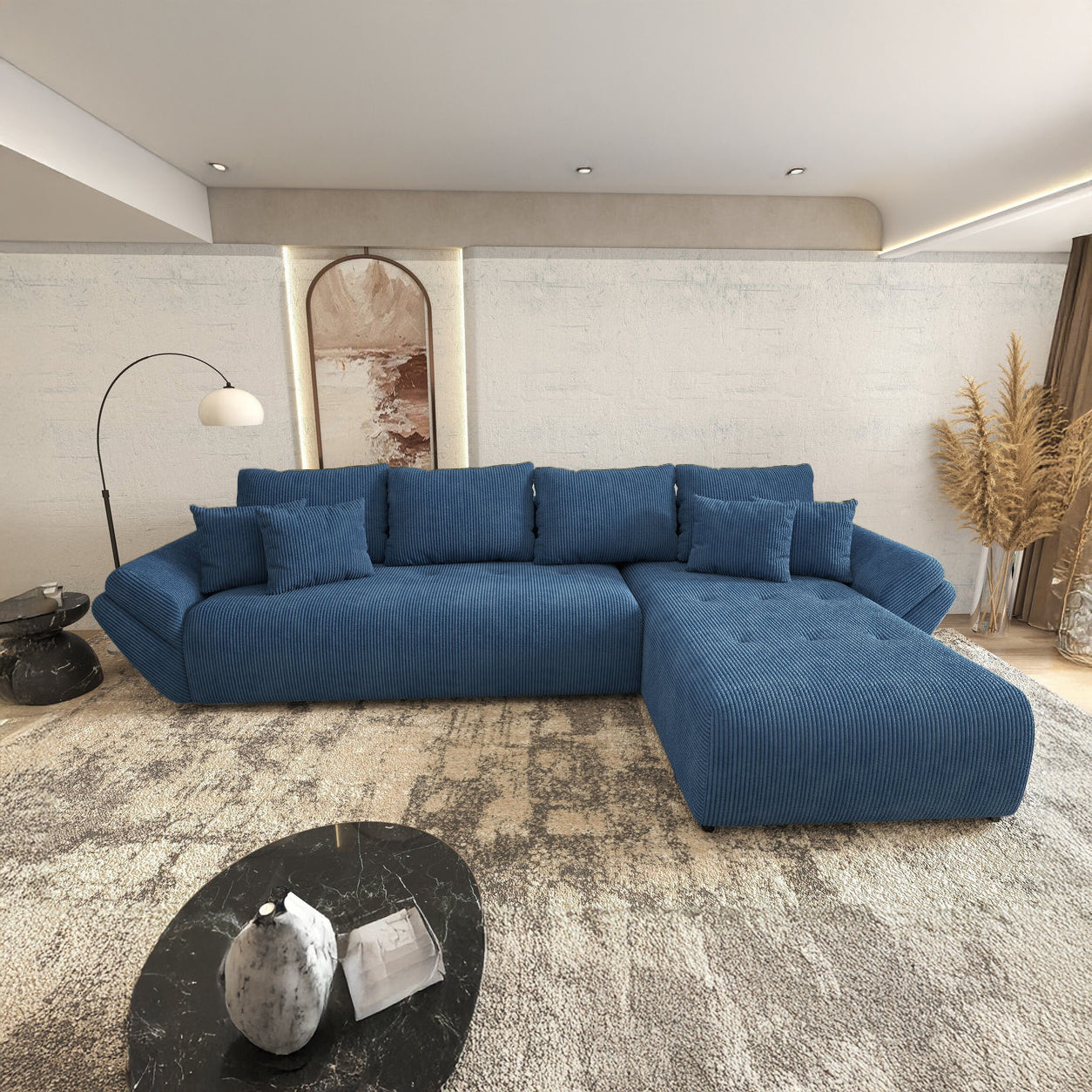 Kihúzható sarokkanapé tárolórekesszel és kényelmes, nagy sűrűségű habszivacs ülőfelülettel, Berlin XL Zoom Blue 350x185 cm II