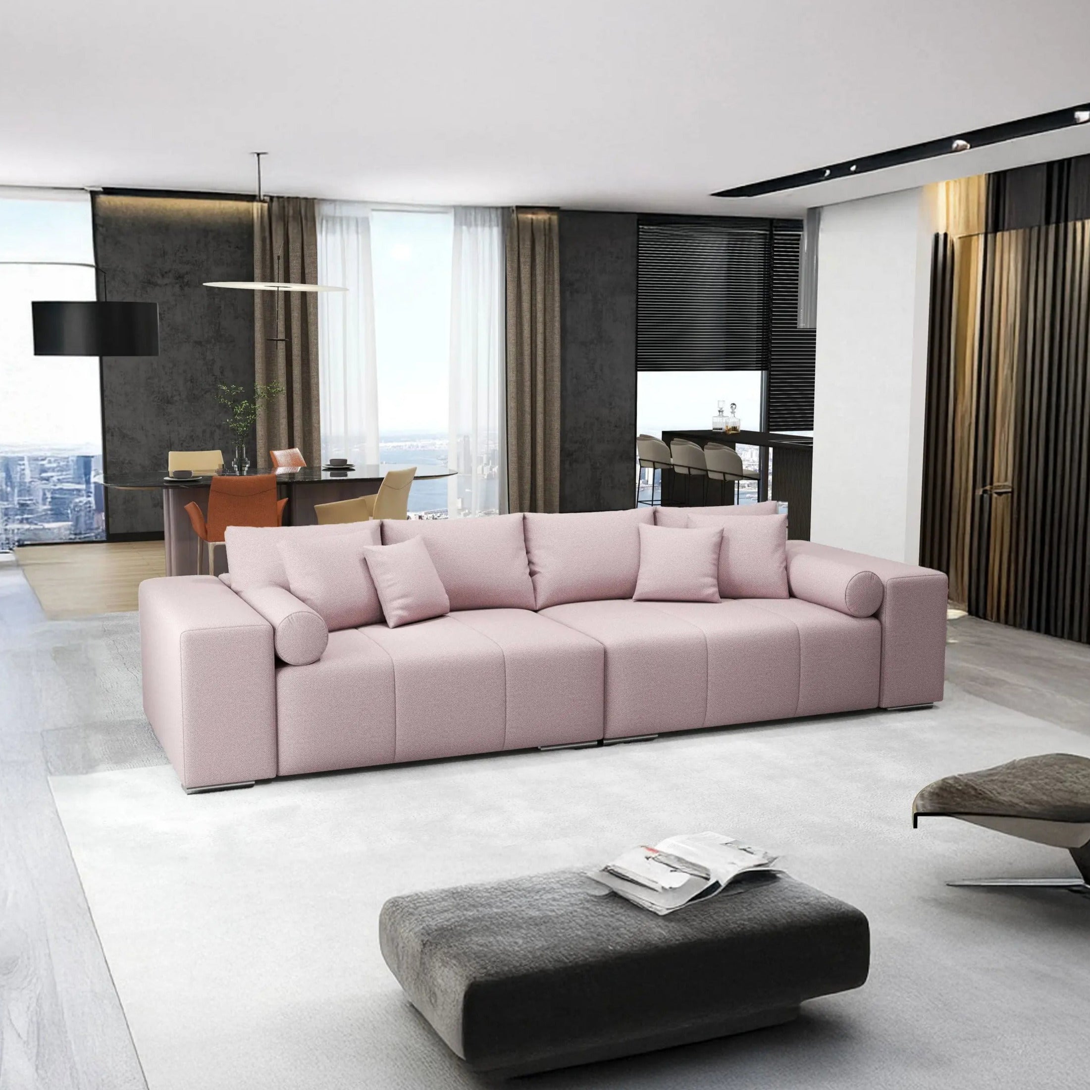 Canapea extensibilă dumonde cu ladă de depozitare si sezut confortabil din spuma HR, Marbela Pink XXL 295x100 cm Fabrica