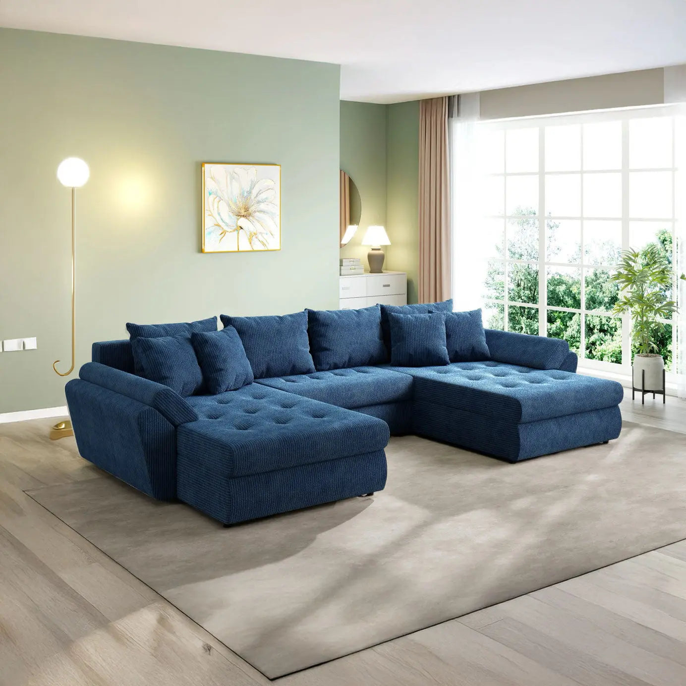 Colțar extensibil dumonde cu ladă de depozitare si sezut confortabil din spuma HR, Loana U Zoom Blue 355x185 cm Fabrica