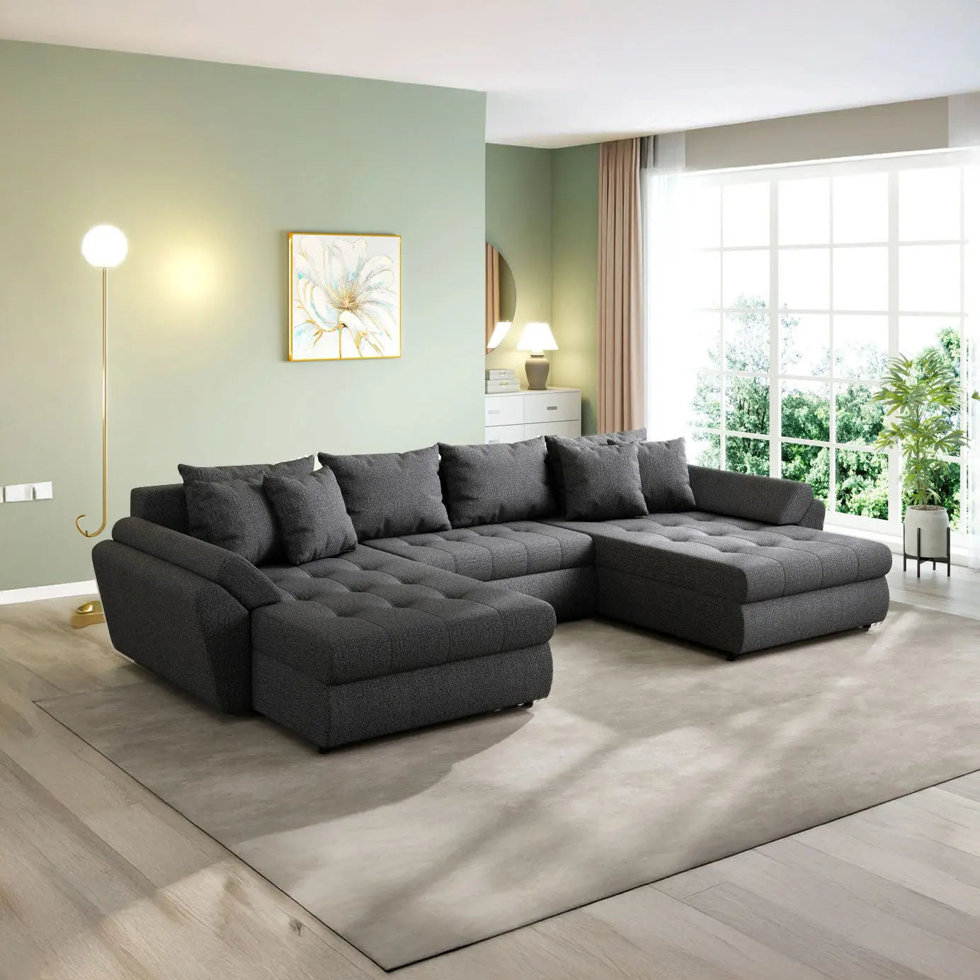 Colțar extensibil dumonde cu ladă de depozitare si sezut confortabil din spuma HR, Loana U Enjoy Grafit 355x185 cm Fabrica