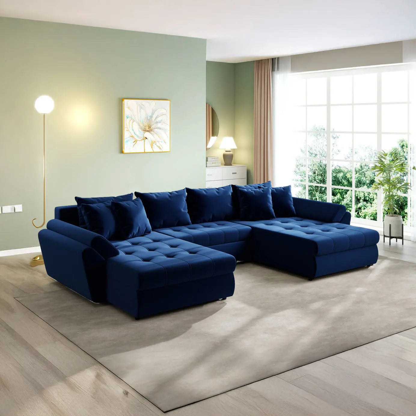 Colțar extensibil dumonde cu ladă de depozitare si sezut confortabil din spuma HR, Loana U Royal Blue 355x185 cm Fabrica