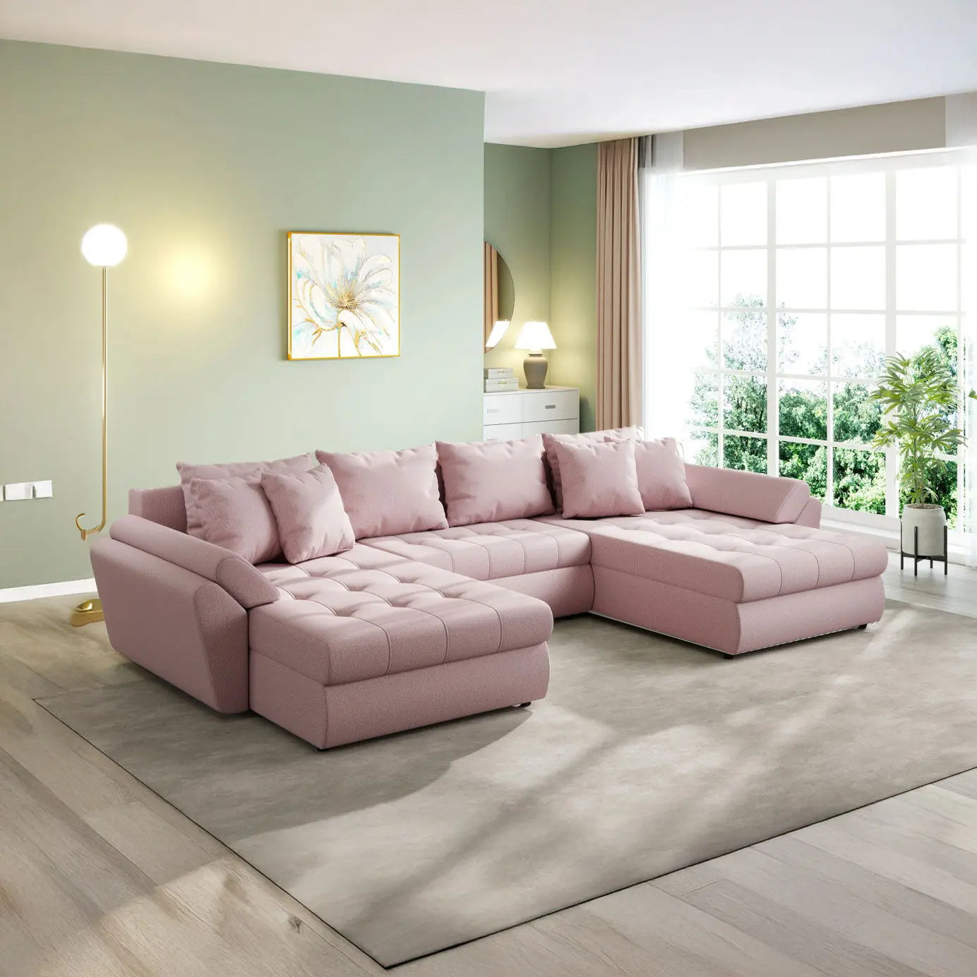 Colțar extensibil dumonde cu ladă de depozitare si sezut confortabil din spuma HR, Loana U Enjoy Flamingo 355x185 cm Fabrica