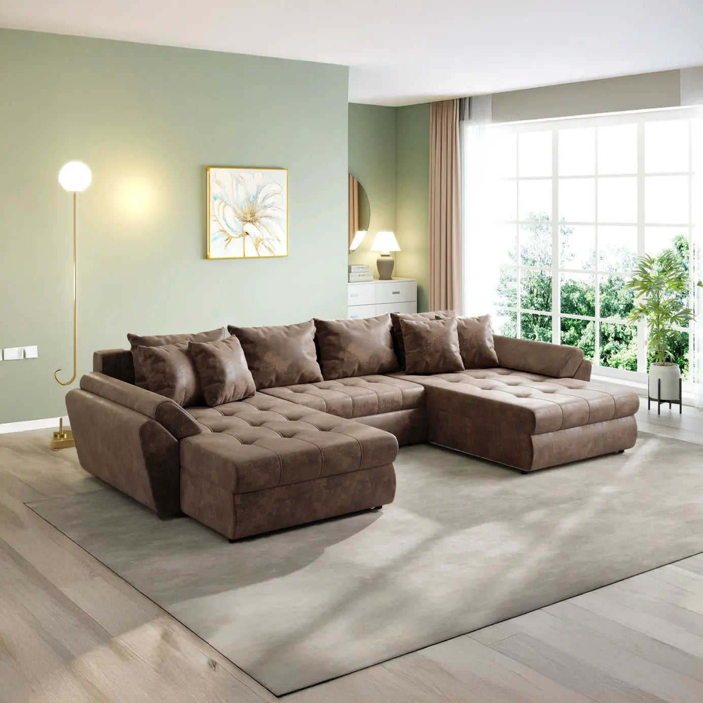 Colțar extensibil dumonde cu ladă de depozitare si sezut confortabil din spuma HR, Loana U Brown 355x185 cm Fabrica