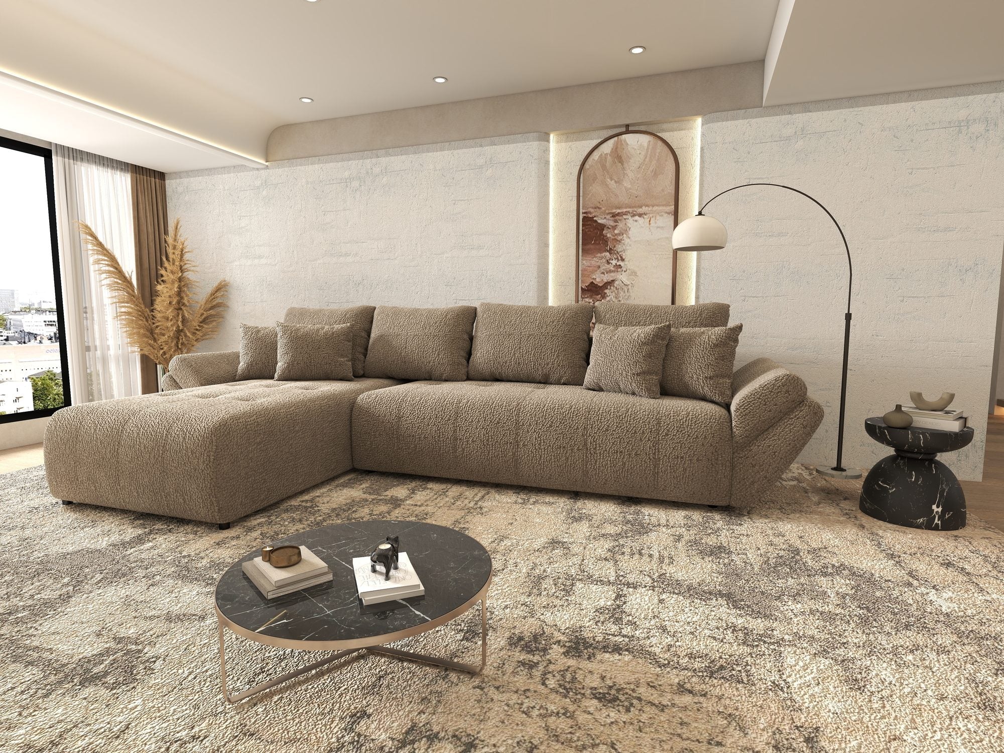 Colțar extensibil dumonde cu ladă de depozitare si sezut confortabil din spuma high-density, Berlin XL Jaguar Maro Cappuccino 8 350x185 cm