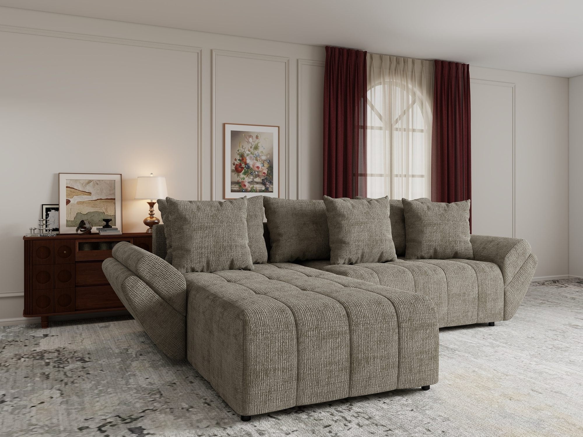 Colțar extensibil dumonde cu ladă de depozitare si sezut confortabil din spuma high-density, Berlin Cremona Bej 14 280x185 cm