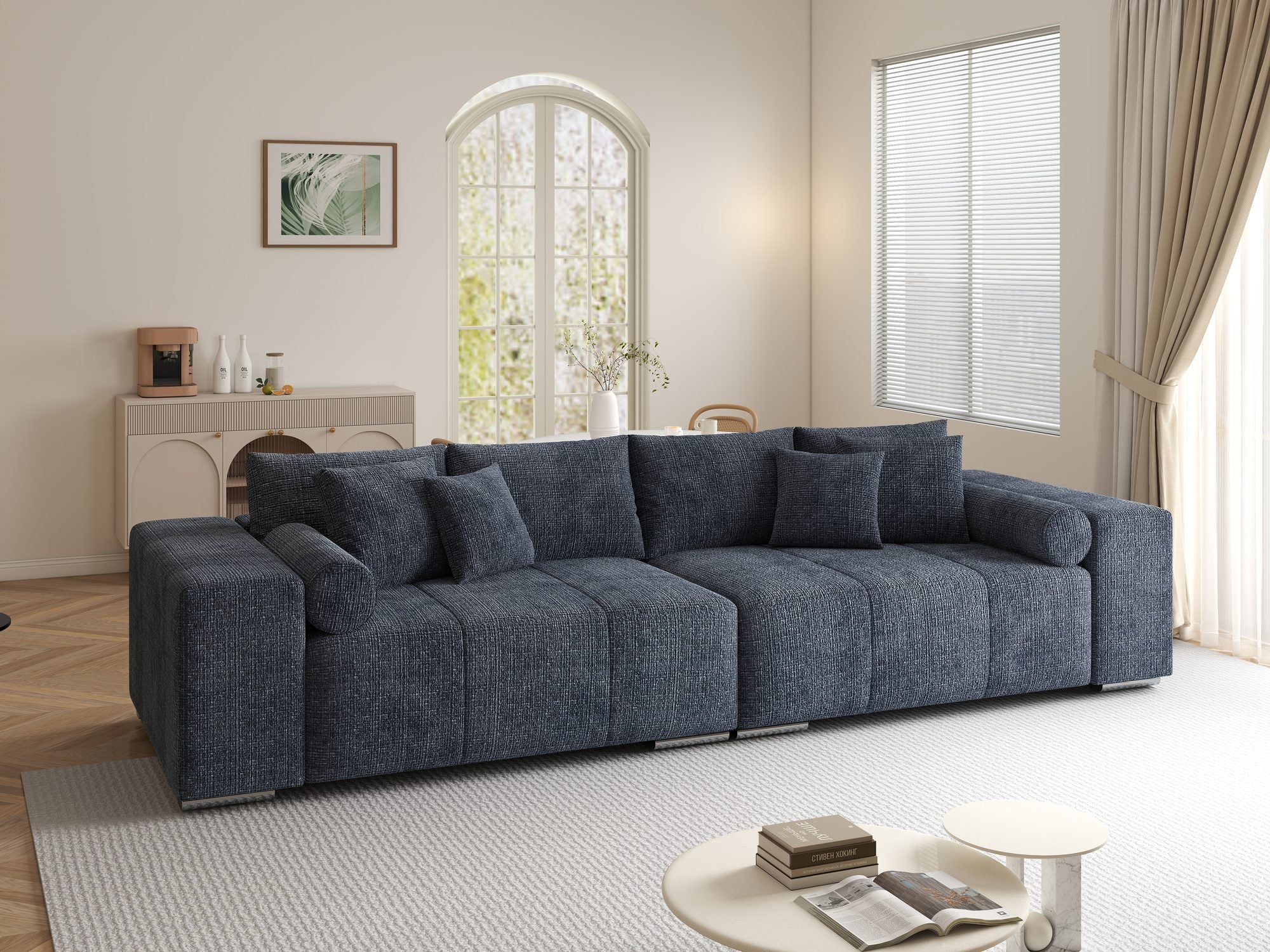 Canapea extensibilă dumonde cu ladă de depozitare si sezut confortabil din spuma high-density, Marbela XXL Cremona Albastru 79 290x100 cm