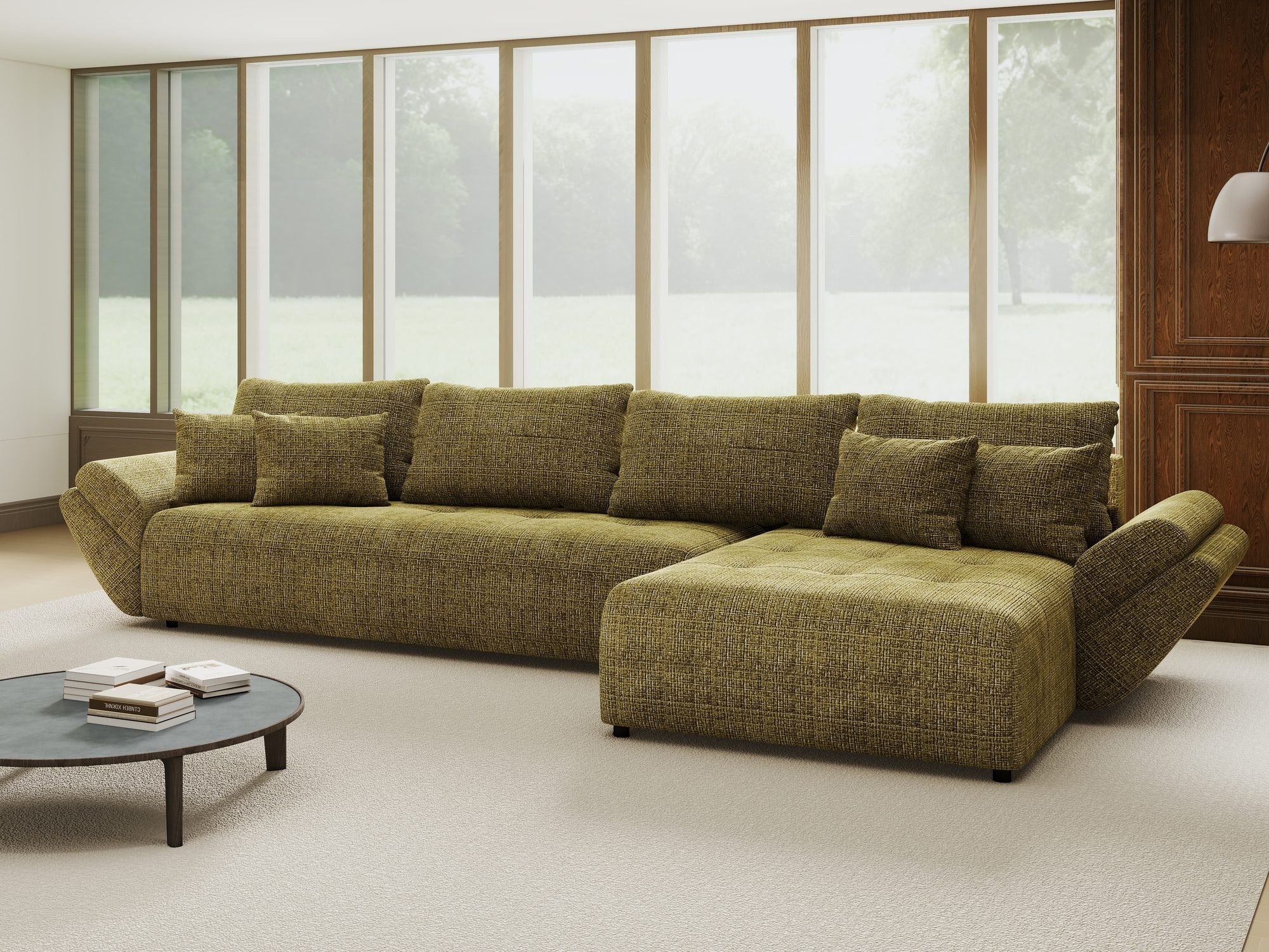 Colțar extensibil dumonde cu ladă de depozitare si sezut confortabil din spuma high-density, Berlin XL Cremona Olive 38 II 350x185 cm