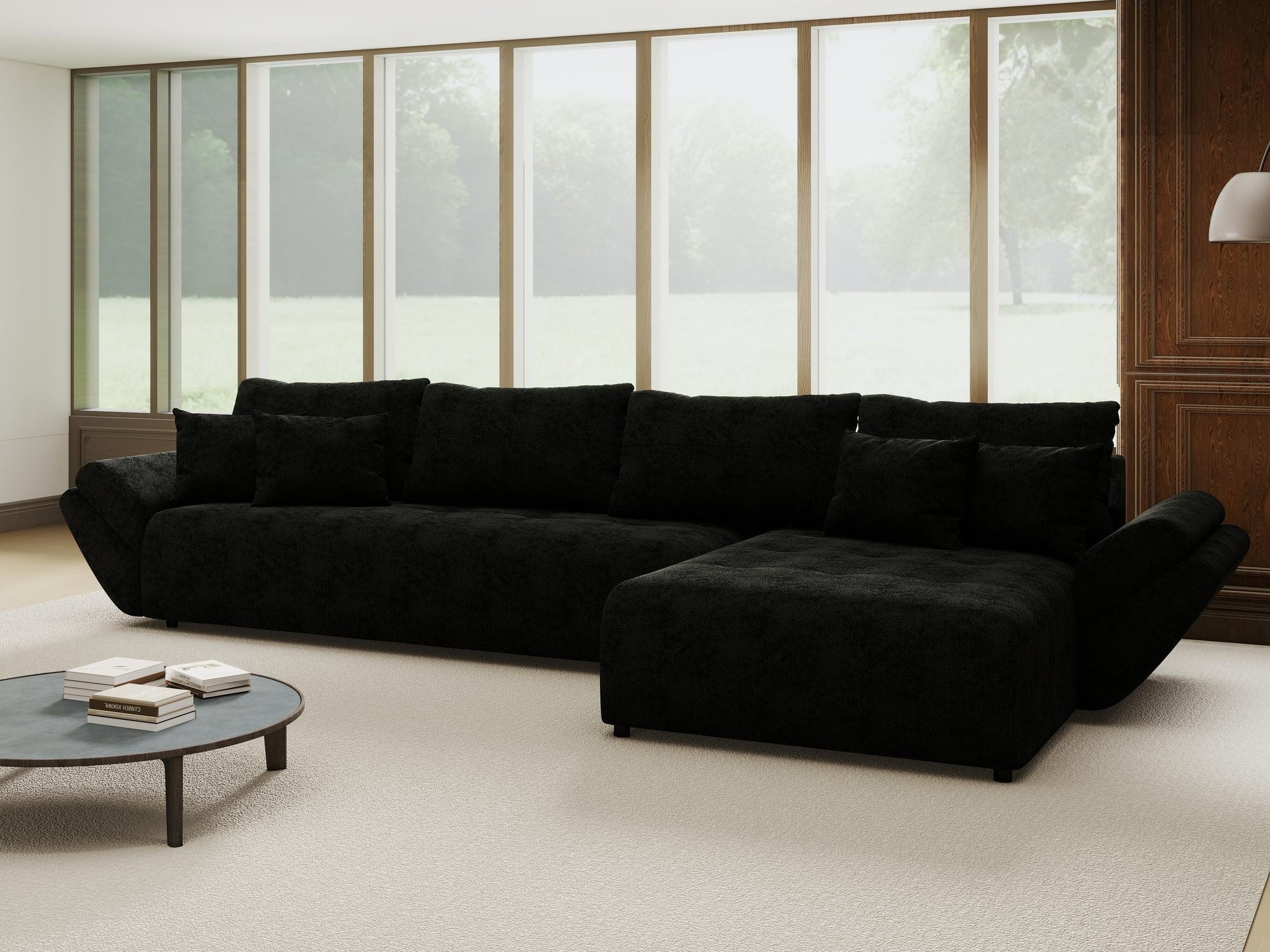 Colțar extensibil dumonde cu ladă de depozitare si sezut confortabil din spuma high-density, Berlin XL Quelle Negru 100 II 350x185 cm