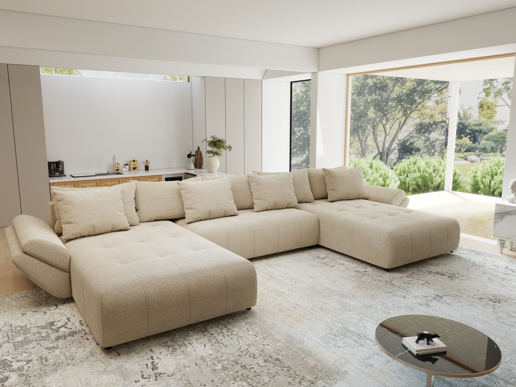Colțar extensibil dumonde cu ladă de depozitare si sezut confortabil din spuma high-density, Berlin U Quelle Bej 05 380x180 cm
