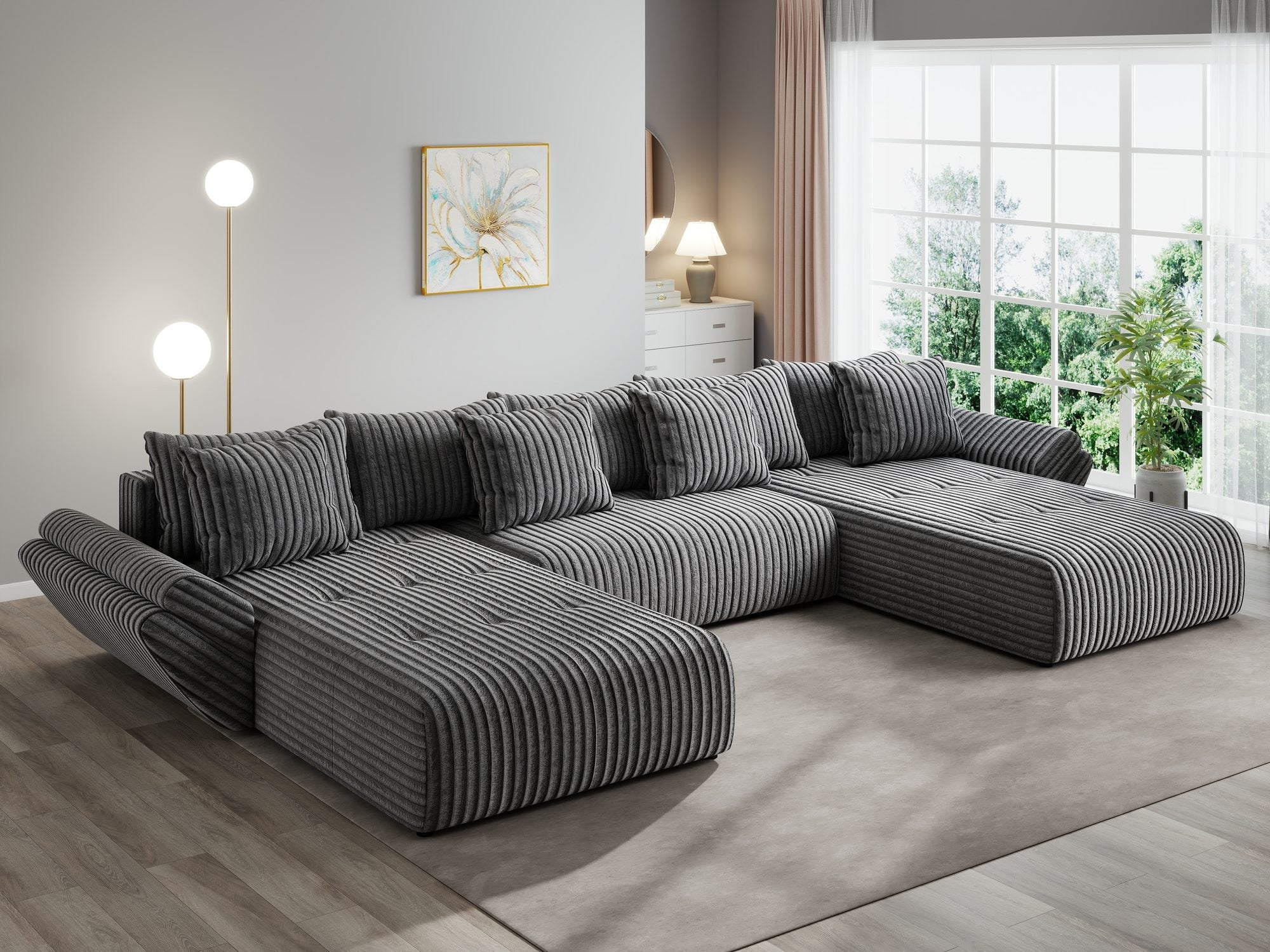 Colțar extensibil dumonde cu ladă de depozitare si sezut confortabil din spuma high-density, Berlin U Tilia Gri 90 380x180 cm