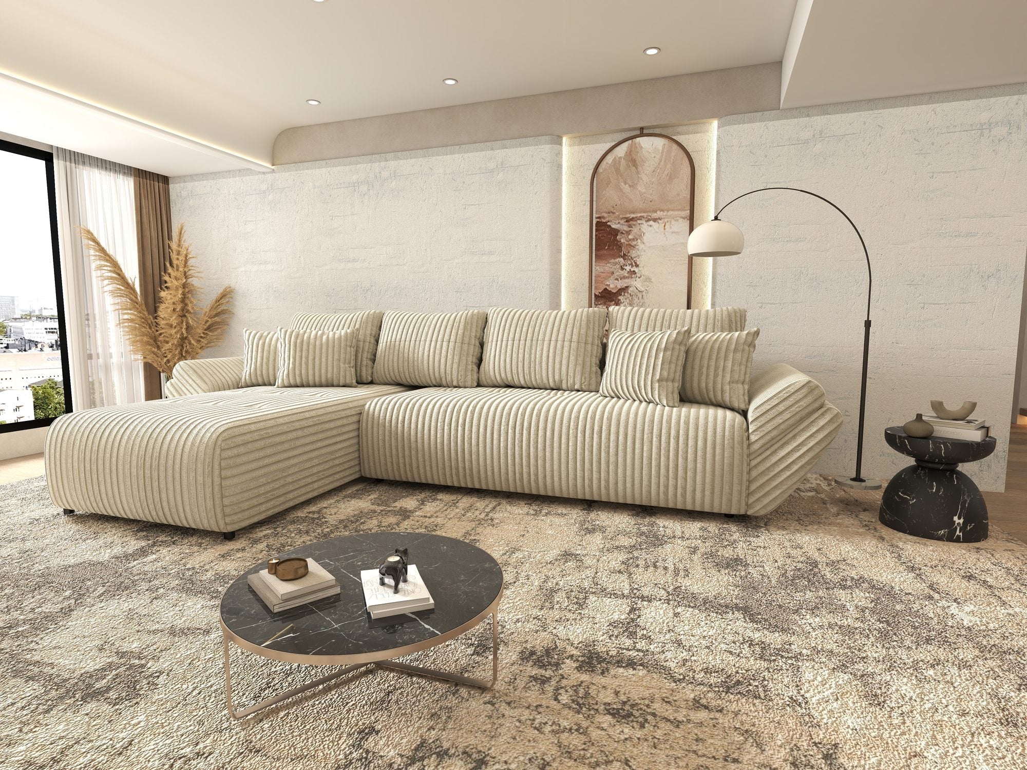 Colțar extensibil dumonde cu ladă de depozitare si sezut confortabil din spuma high-density, Berlin XL Tilia Bej 08 350x185 cm