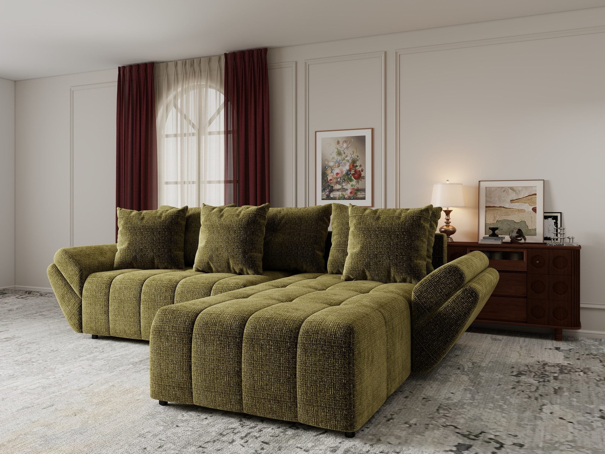 Colțar extensibil dumonde cu ladă de depozitare si sezut confortabil din spuma high-density, Berlin Monolith Verde Olive 38 II 280x185 cm