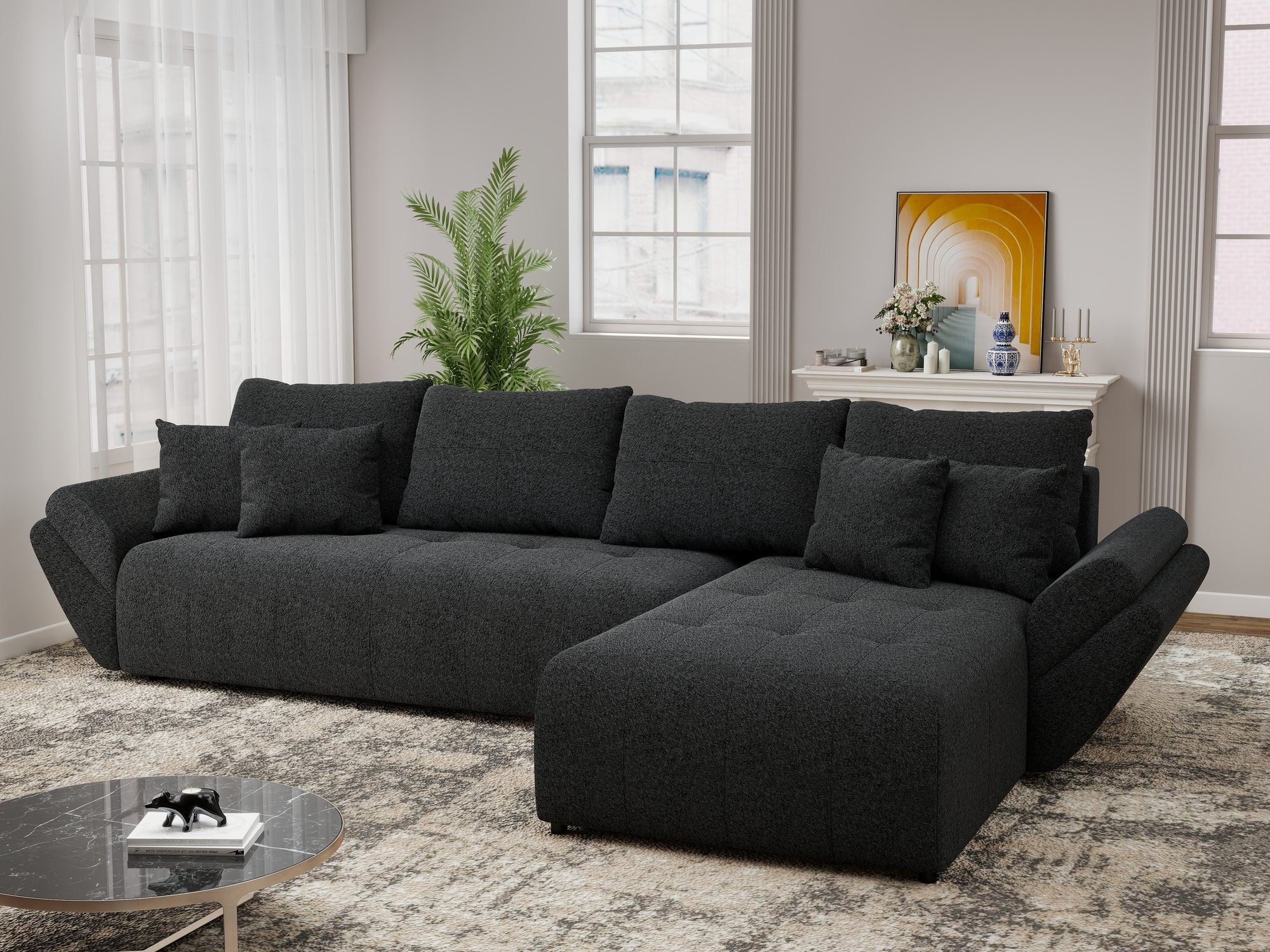 Colțar extensibil dumonde cu ladă de depozitare si sezut confortabil din spuma high-density, Berlin XL Monte Negru 99 II 350x185 cm