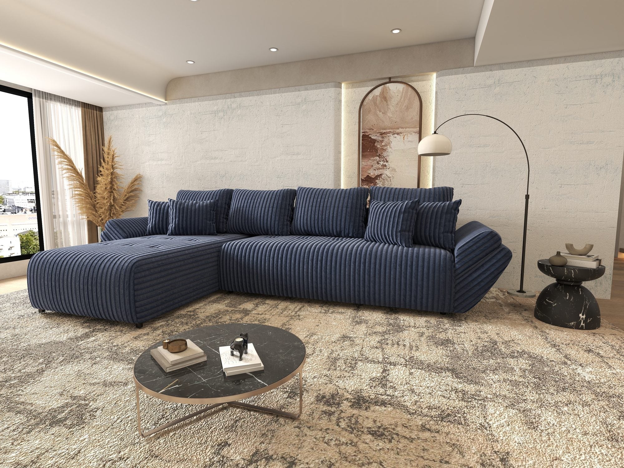 Colțar extensibil dumonde cu ladă de depozitare si sezut confortabil din spuma high-density, Berlin XL Tilia Albastru 77 350x185 cm