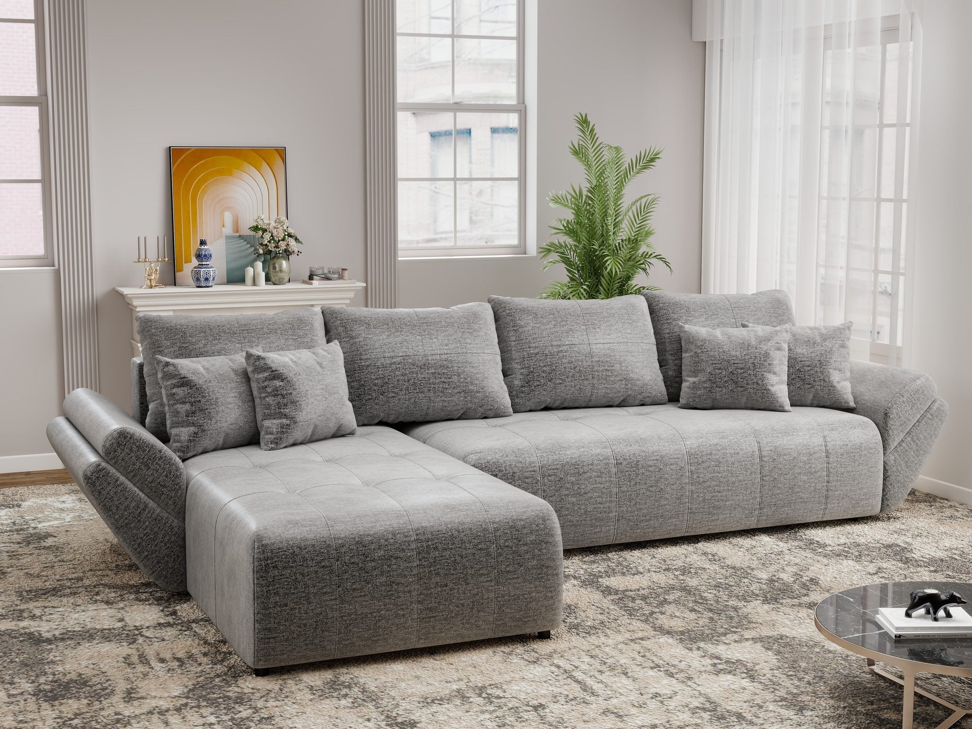 Colțar extensibil dumonde cu ladă de depozitare si sezut confortabil din spuma high-density, Berlin XL Monolith Gri 85 350x185 cm