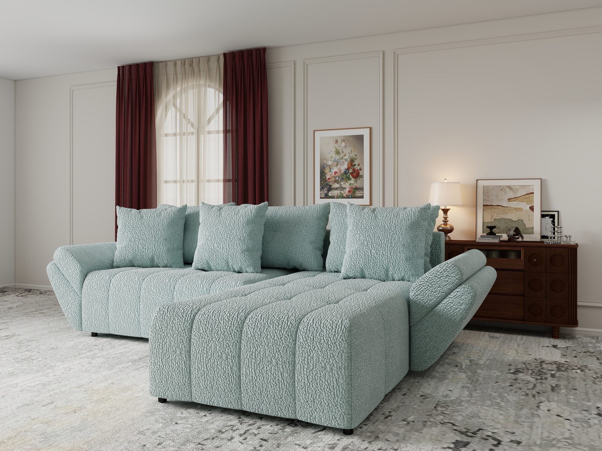 Colțar extensibil dumonde cu ladă de depozitare si sezut confortabil din spuma high-density, Berlin Jaguar Verde Mint 16 II 280x185 cm