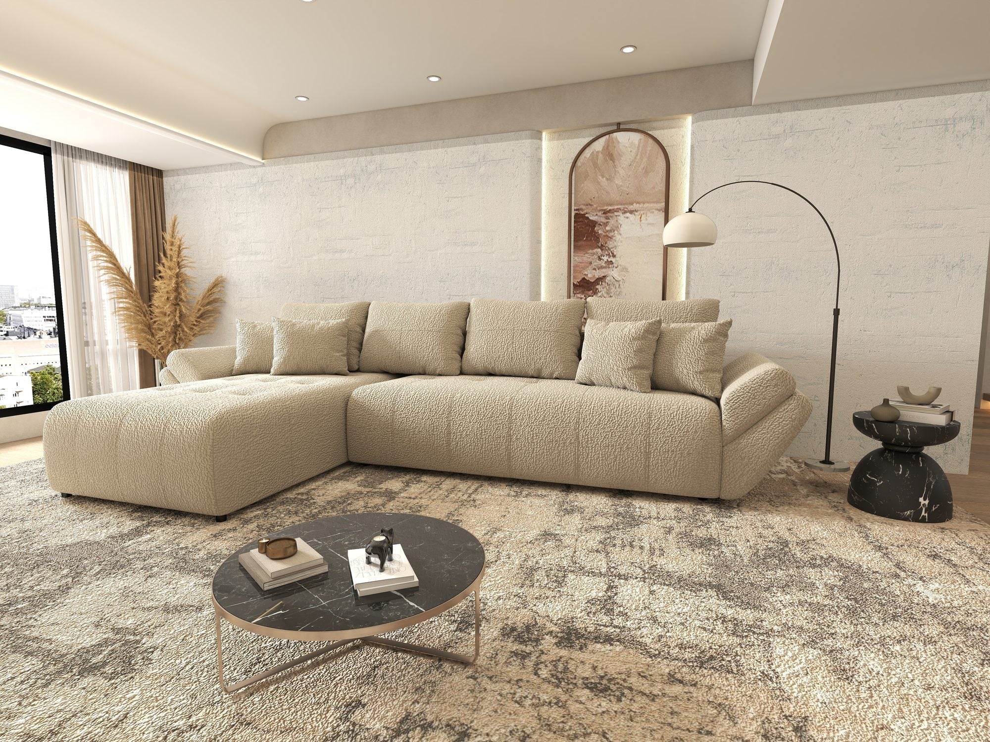 Colțar extensibil dumonde cu ladă de depozitare si sezut confortabil din spuma high-density, Berlin XL Jaguar Bej 4 350x185 cm