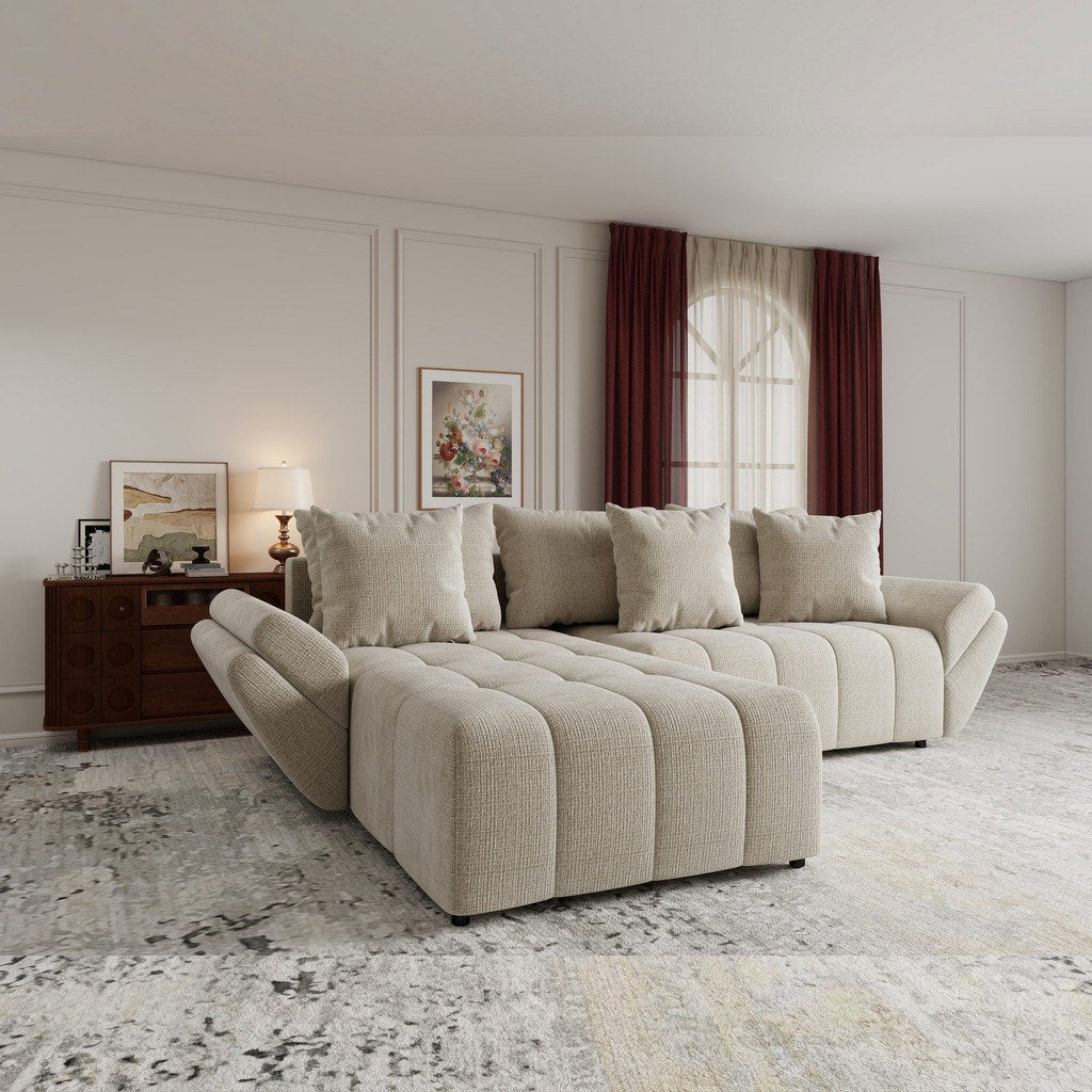 Colțar extensibil dumonde cu ladă de depozitare si sezut confortabil din spuma high-density, Berlin Cremona Gri Deschis 02 280x185 cm