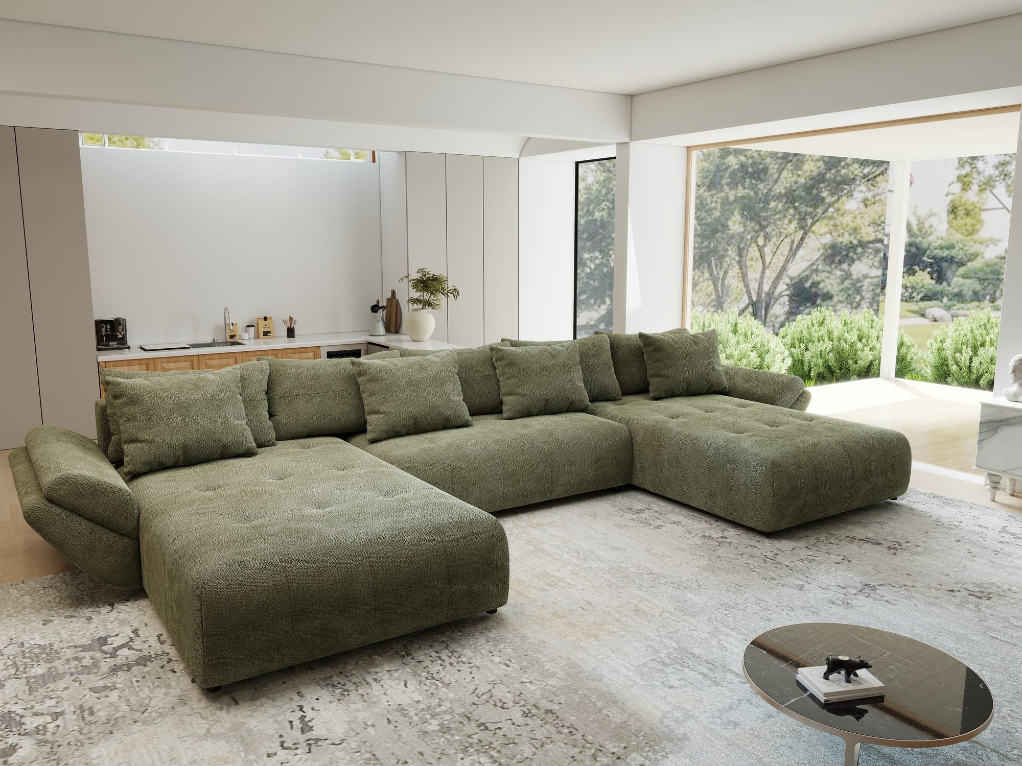 Colțar extensibil dumonde cu ladă de depozitare si sezut confortabil din spuma high-density, Berlin U Vibe Olive 38 380x180 cm