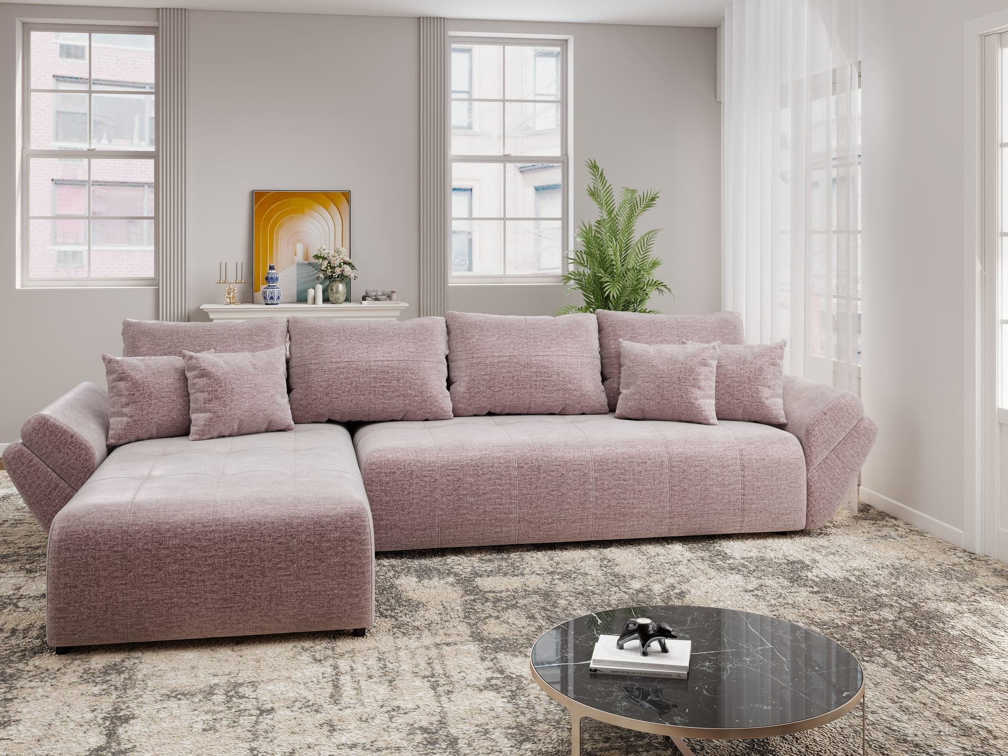 Colțar extensibil dumonde cu ladă de depozitare si sezut confortabil din spuma high-density, Berlin XL Monolith Roz Pudrat 62 350x185 cm