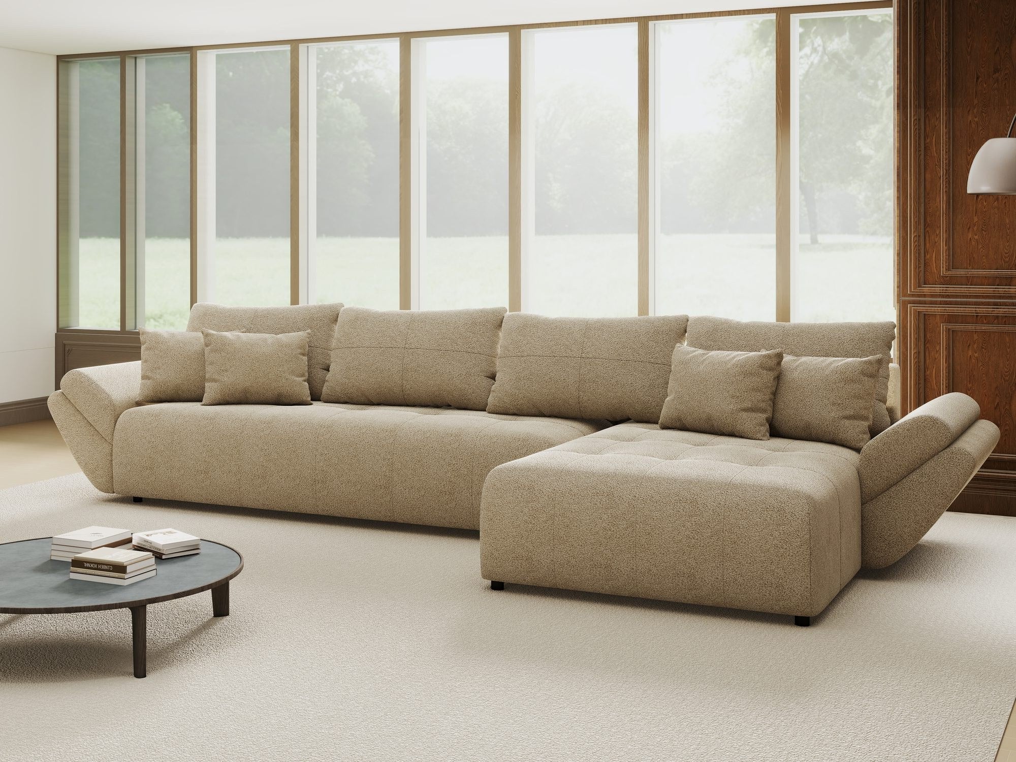 Colțar extensibil dumonde cu ladă de depozitare si sezut confortabil din spuma high-density, Berlin XL Quelle Bej 05 II 350x185 cm
