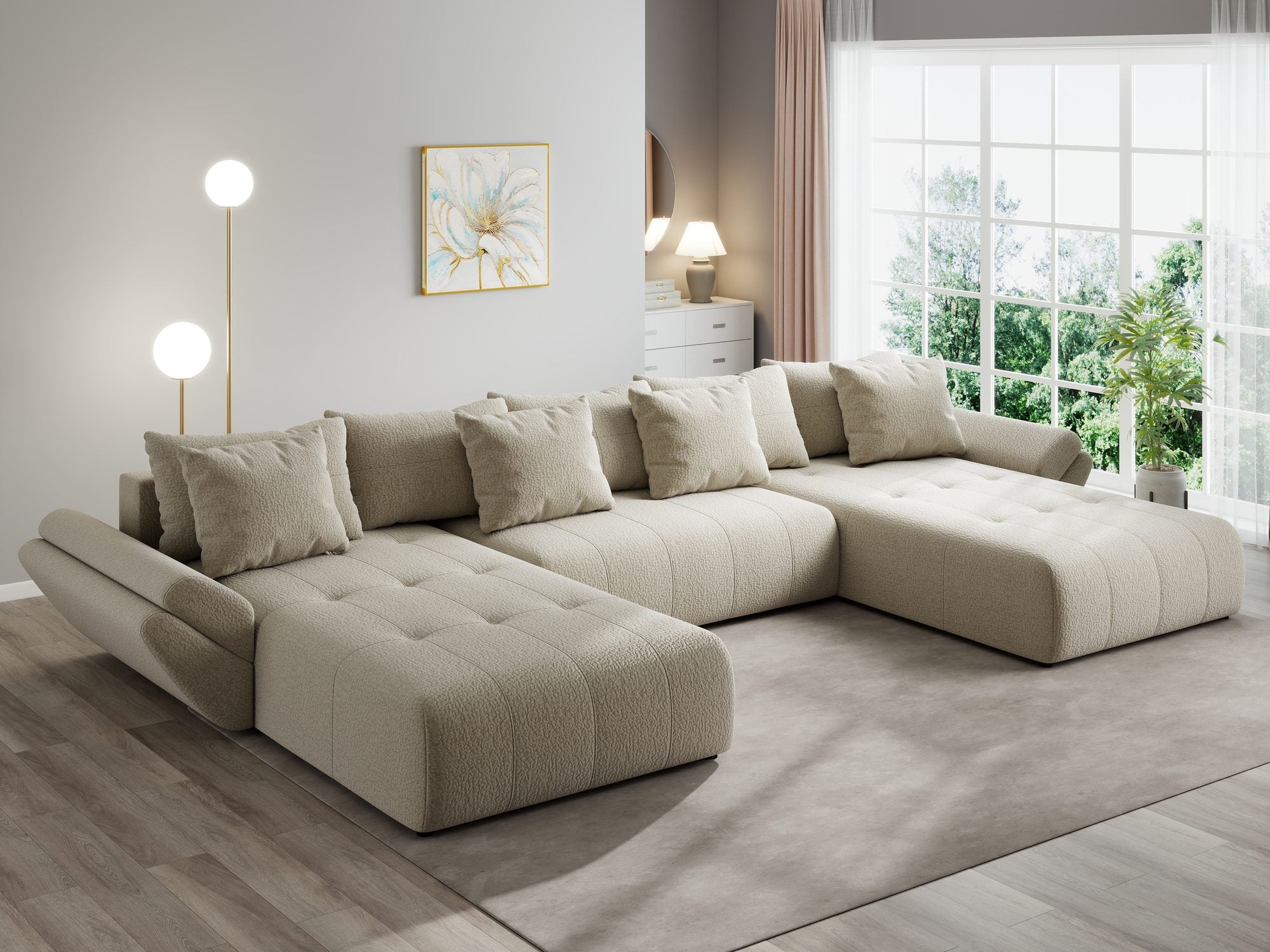 Colțar extensibil dumonde cu ladă de depozitare si sezut confortabil din spuma high-density, Berlin U Jaguar Bej 4 380x180 cm
